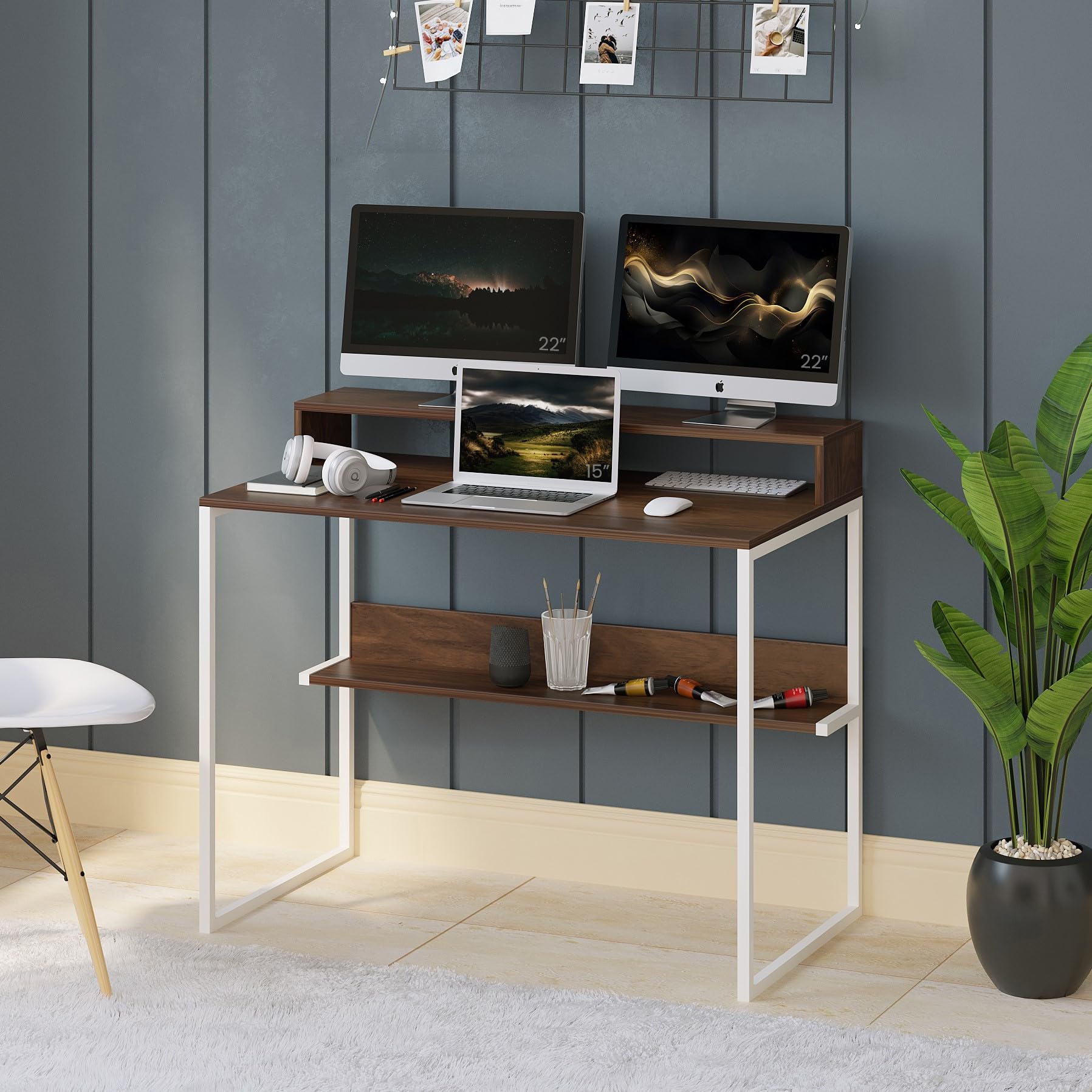 BLUEWUD Corbyn Plus Study & Laptop Table with Built-in Monitor Stand – WFH Desk for Home/Office, Trading & Gaming, DIY Assembly, Storage Shelves for Books (Brown Maple & White)-image-35