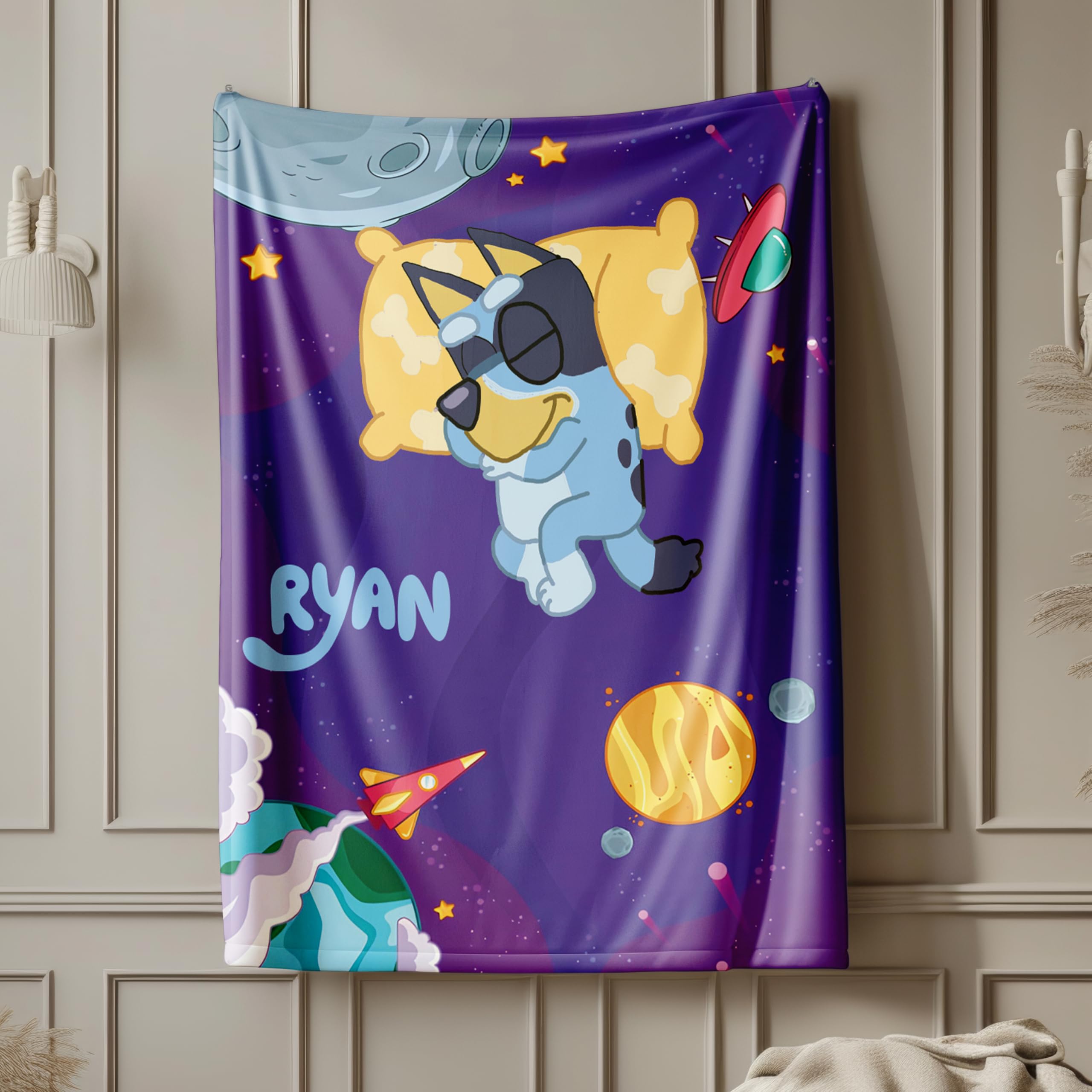 Custom Funny Kid's Throw Blanket, Blue Dog Bedding, Personalized Blanket for Birthday Boy Birthday Girl, Toddler to Big Kid, 2nd and 3rd Birthday Boy and Girl Blanket