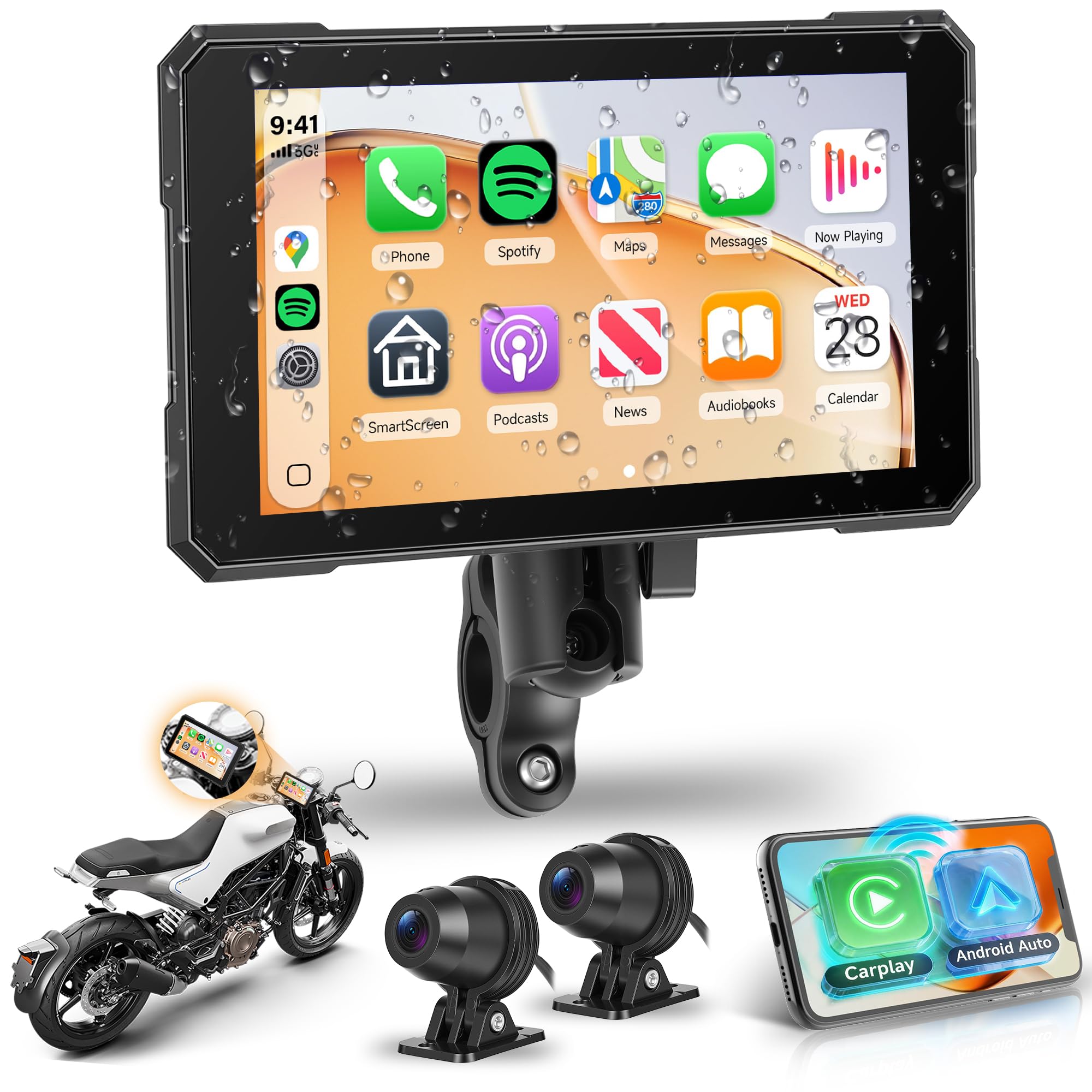 Rimoody Portatile Wireless Carplay Display Motociclo con Dashcam 2 Telecamera Fronte e Retro, 5 Pollici Touchscreen Carplay Android Auto Schermo per Motorbike con App/Bluetooth/IP68 étanche/GPS Navi