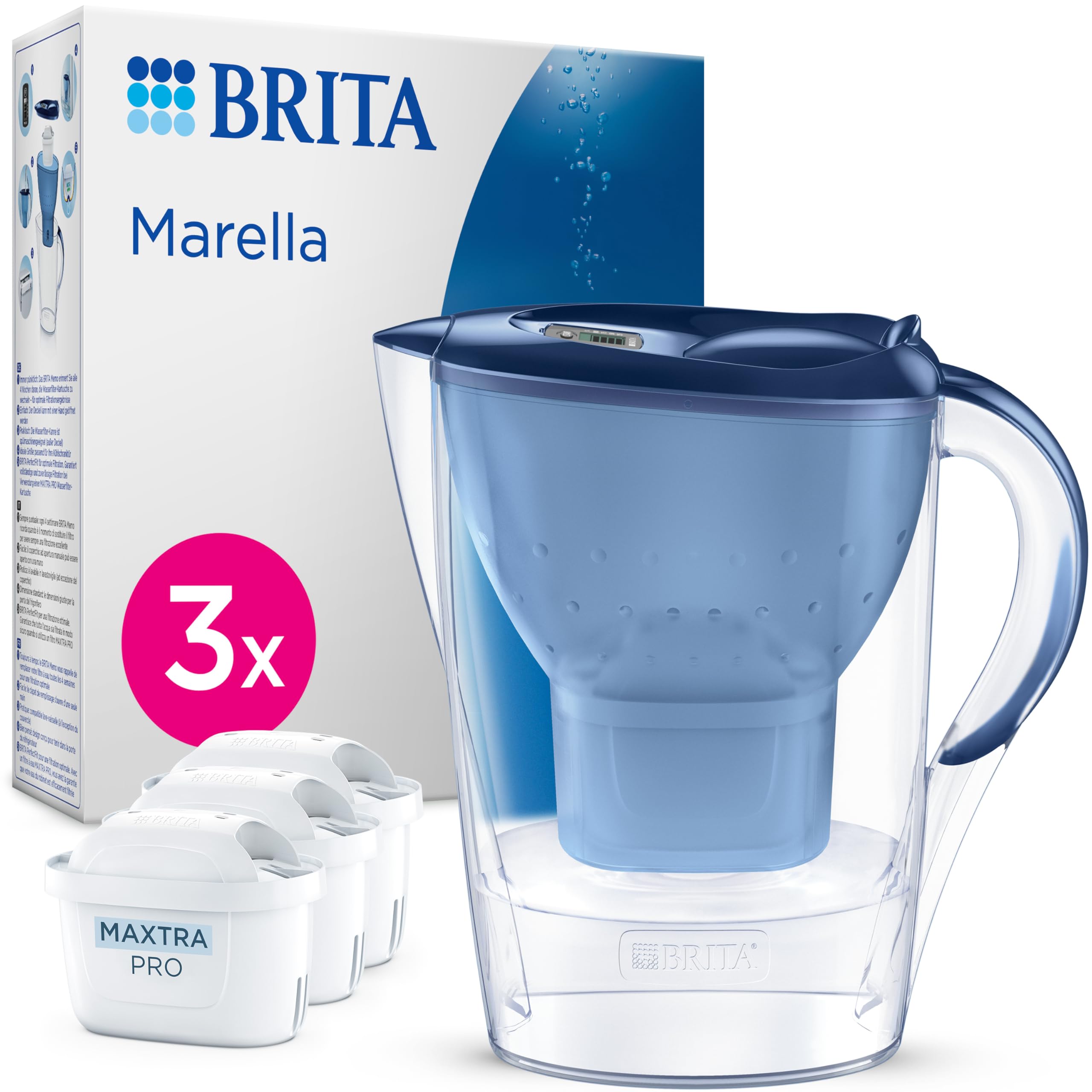 BRITA Wasserfilter-Kanne Marella blau (2,4l) inkl. 3x MAXTRA PRO Pure Performance Kartusche – Kühlschrankgeeignete Filterkanne mit BRITA Memo, Klapp-Deckel, filtert Verunreinigungen