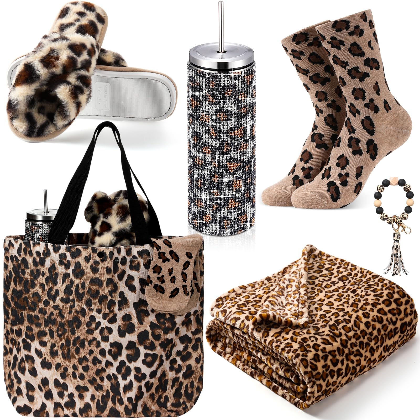 FillTouch 6 Pcs Leopard Gifts Set for Women Cheetah Tumbler Blanket Socks Slippers Tote Bag Keychain Bracelet Wristlet Leopard Themed Gifts Coworker