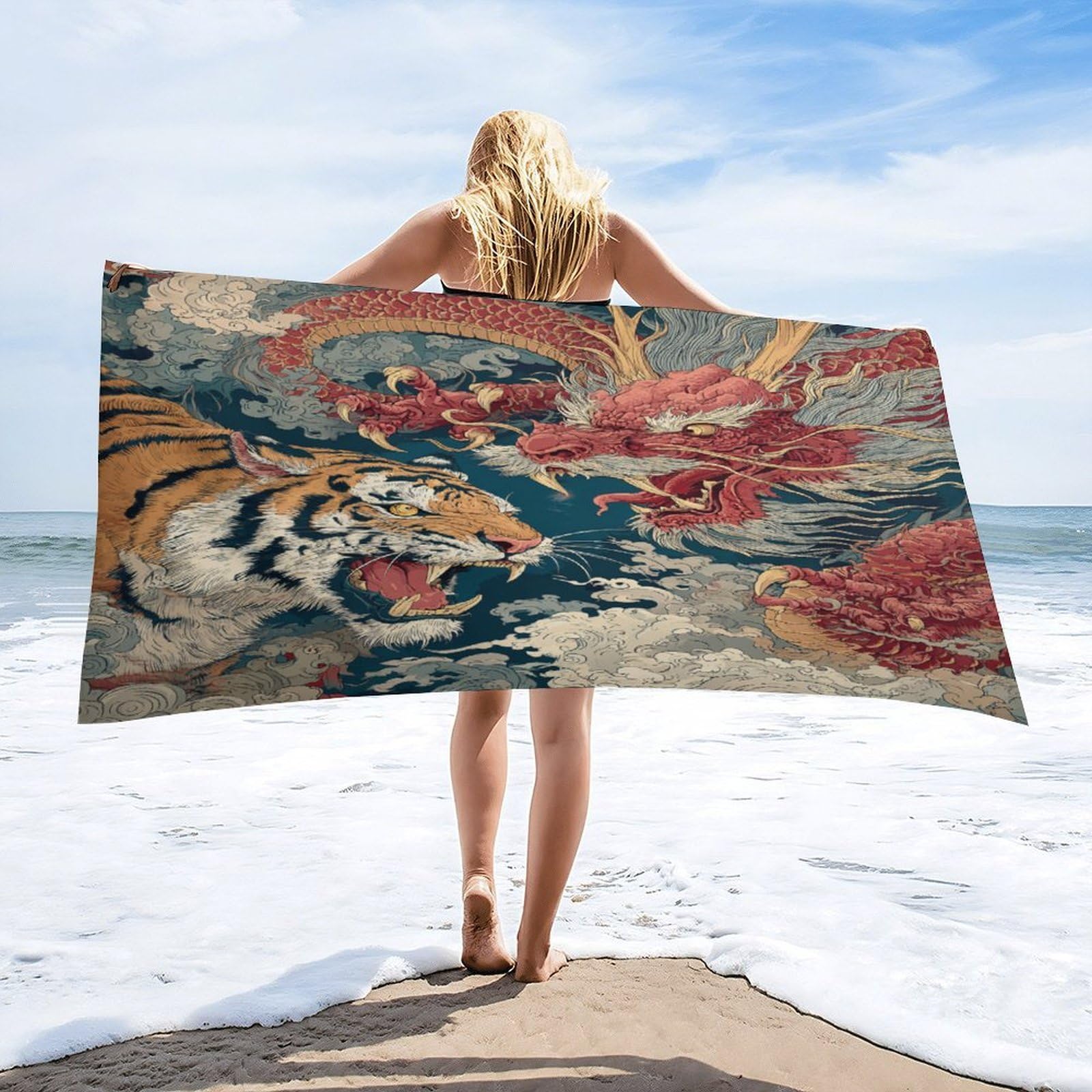 Luyysky Vintage Classic Tiger Dragon Absorbent Beach Towel, Abstract Antique Japanese Mythical Animal Tiger Dragon Ocean Waves Outdoor Single-Sided Velvet Beach Towel-80 W Cm X 160" L Cm