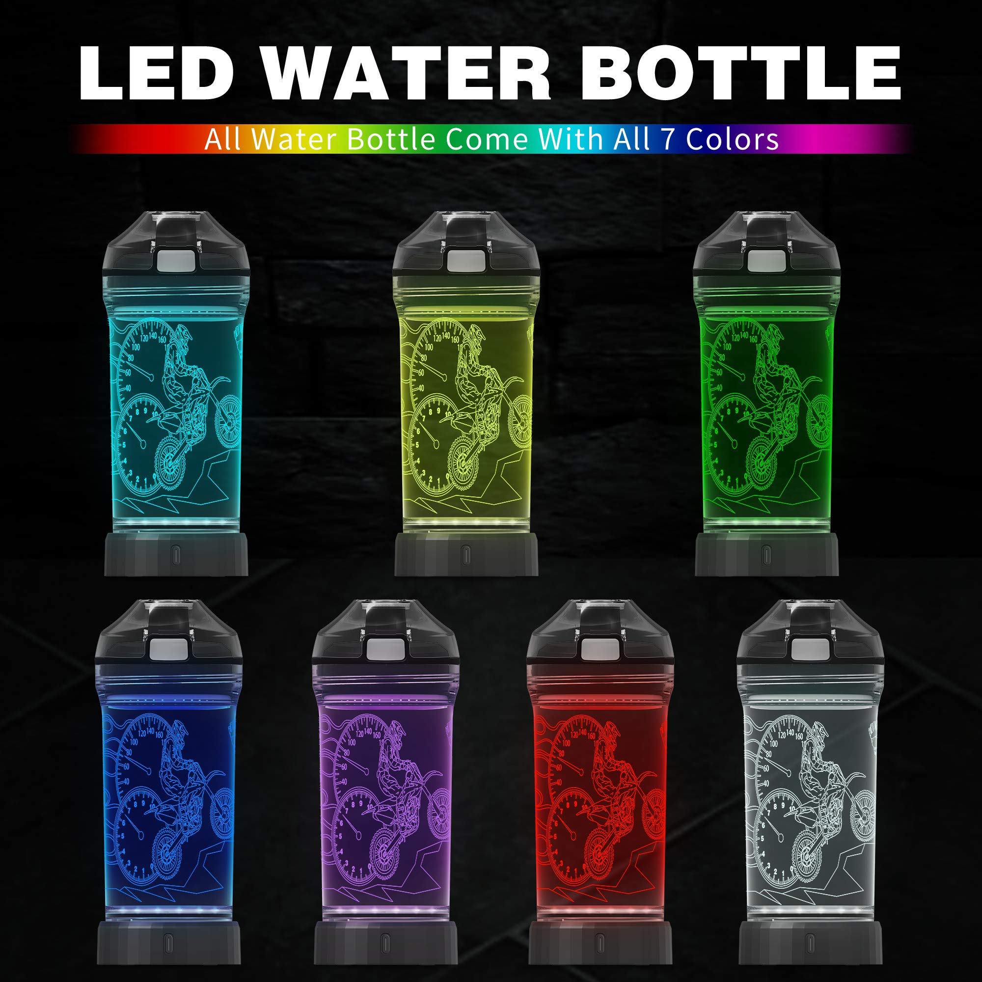 YuanDian Borraccia per moto da cross con luce LED 3D incandescente per bambini, in Tritan senza BPA, ecologica, idea regalo per la scuola, bambini, ragazzi, motocross