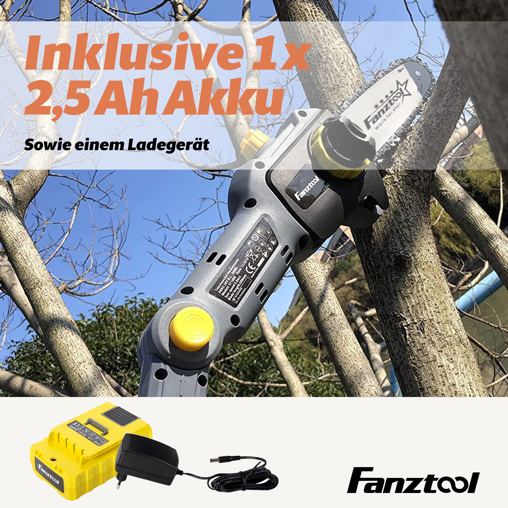 FANZTOOL 20V Li-Ion Akku-Hochentaster mit 2,5Ah Akku/Ladegerät, Höhe bis 5 m, 17 cm Schnittstärke, Schwertlänge 20 cm, leichtes Gewicht 4 kg