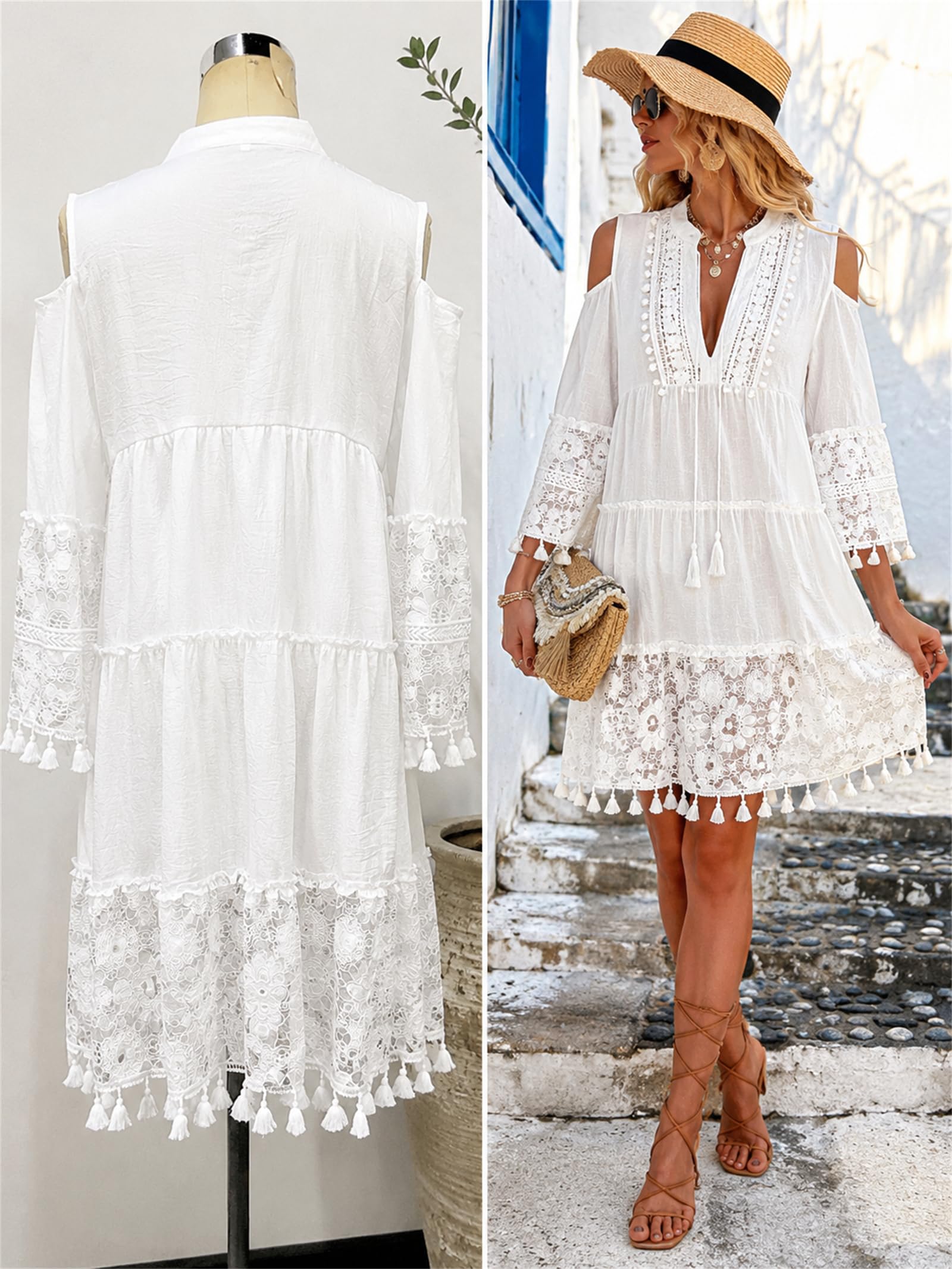 Abito Boho da Donna con Spalle Scoperte e Dettagli Traforati, Maniche a 3/4 con Nappine e vestibilità Ampia, Stile Bohémien, Perfetto per la Spiaggia e Le Vacanze