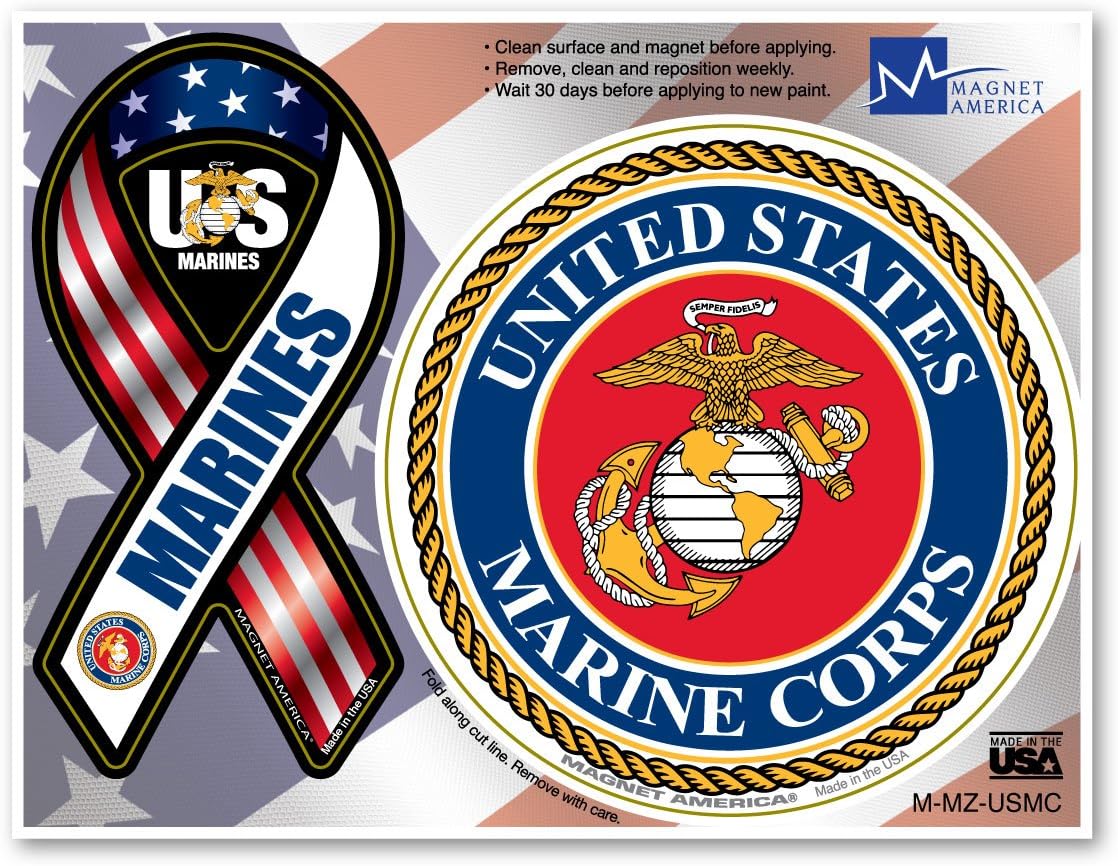 USMC Combo Mini Ribbon/Circle Magnet by Magnet America Is 4.5" x 5.875" Made for Vehicles and Refrigerators
