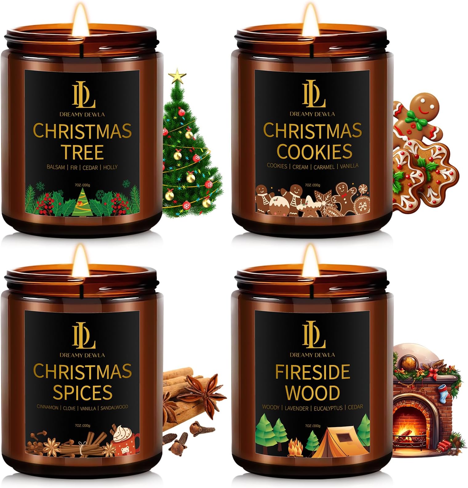 Holiday Candle Set, Winter Scented Candle, 4 Pack Soy Candles for Home Scented, Holiday Candles Gifts for Women Men, Winter Scents of Christmas Tree/Cookies/Spices/Fireside Wood