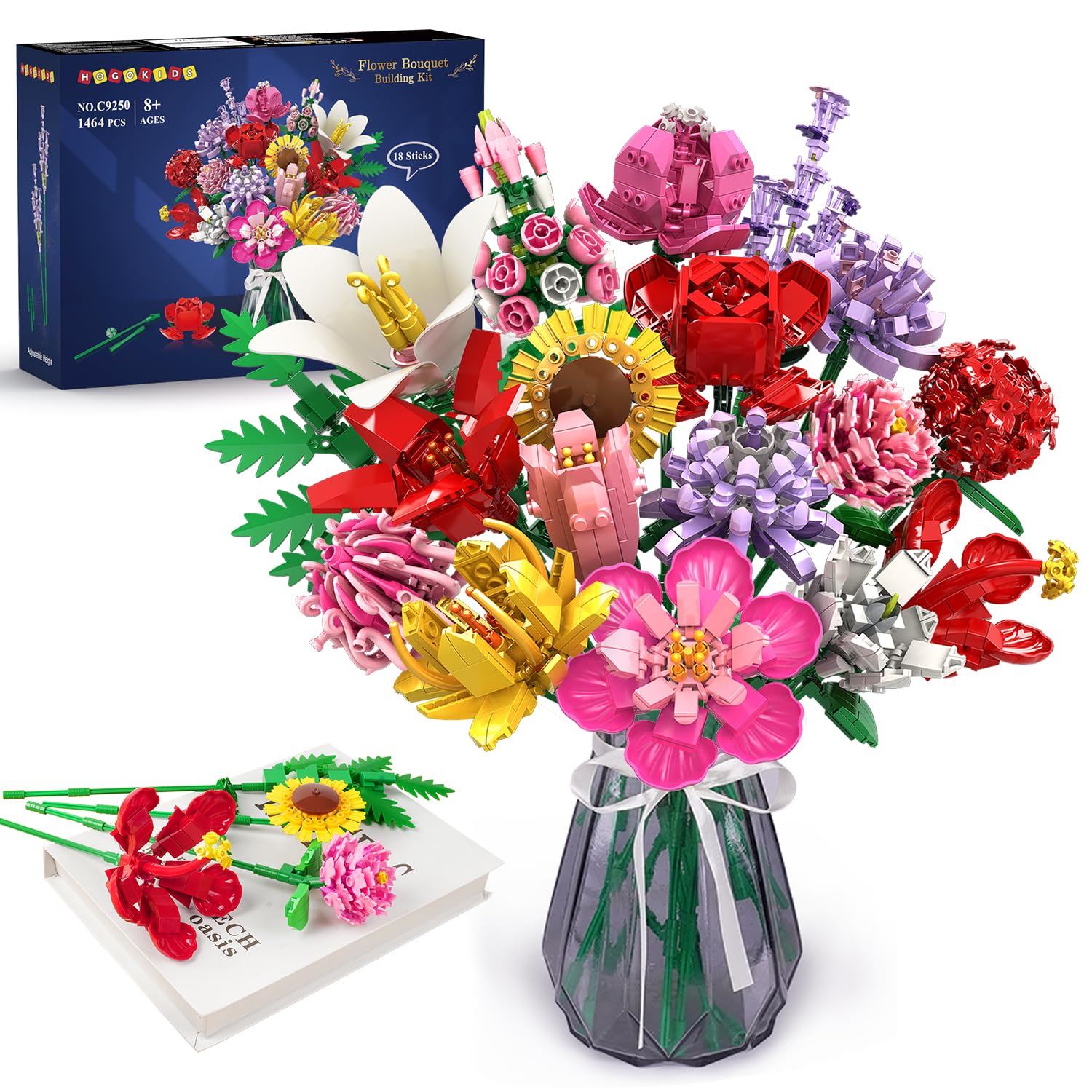 Flower Bouquet Set for Adults - Valentine 1461PCS Artificial Flowers Botanical Collection | 18 Sticks Decorative Home Plant Bouquet | Creative DIY Gift for Wife Girlfriend Mom Women Men