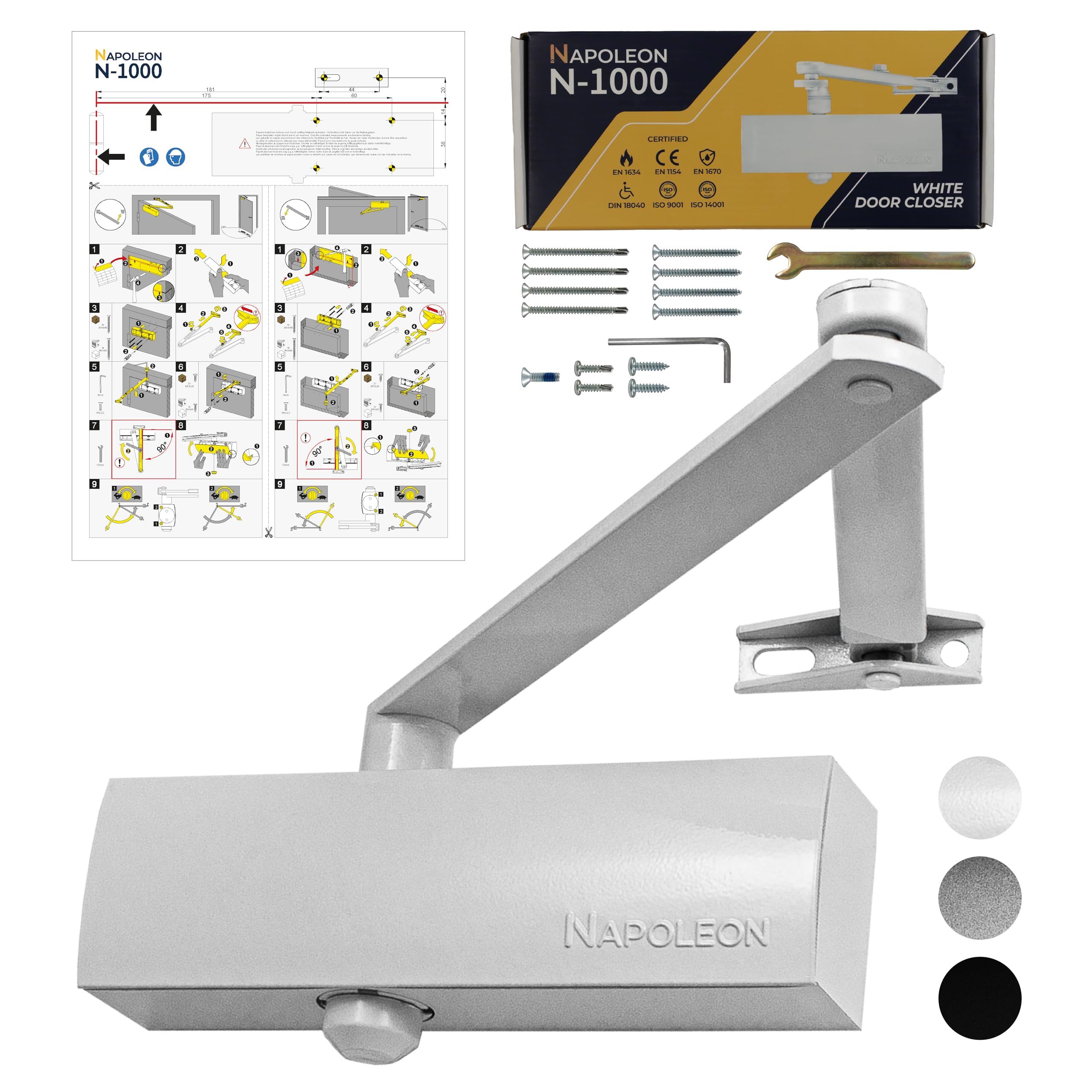 Napoleon White N-1000 Robust Automatic Door Closer - En1154/En1634 Standards - Commercial & Residential - Door From 20Kg To 60Kg Size 3 - Drilling Template - Easy And Quick Installation (White)
