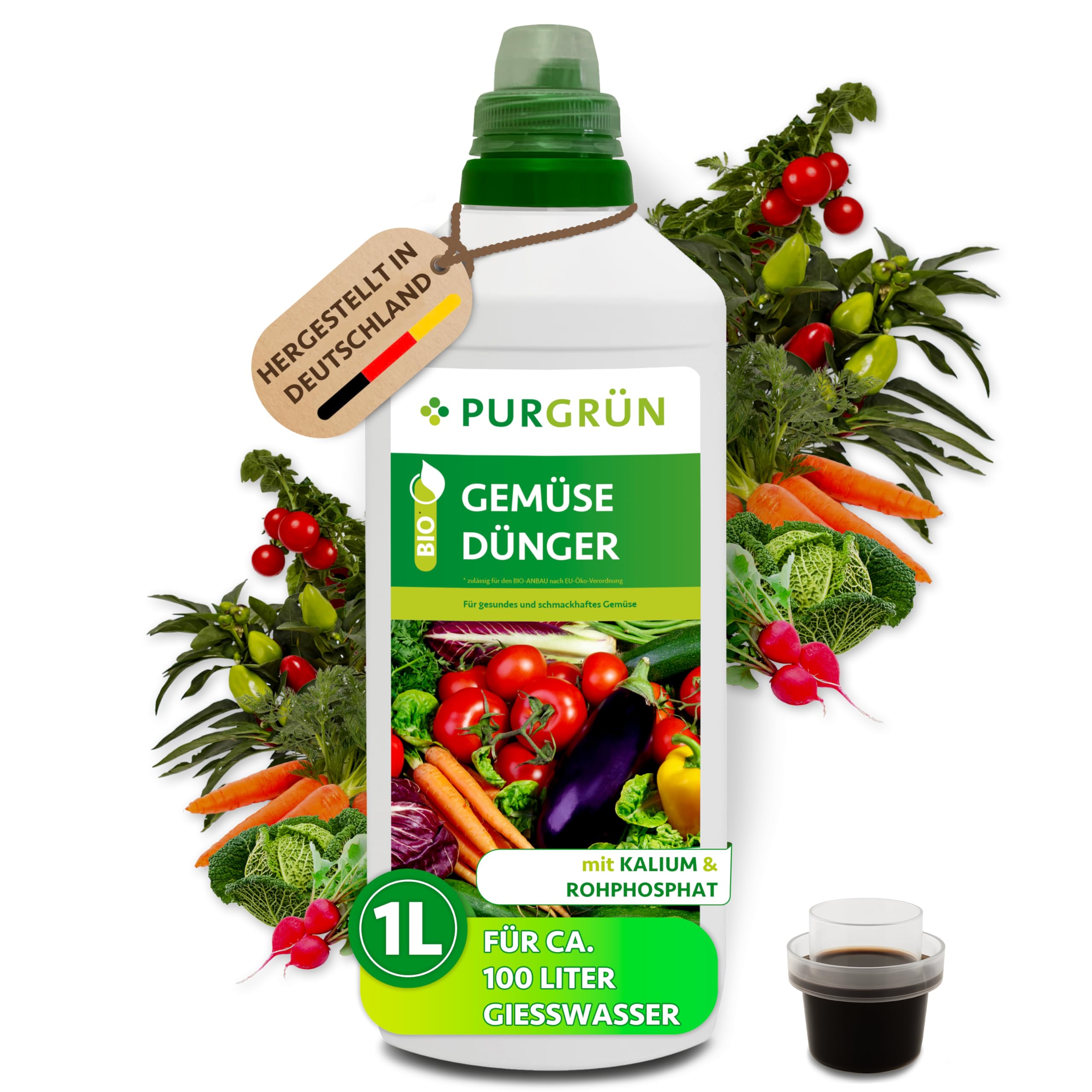 Bio-Gemüsedünger 1 Liter – Hoher Ertrag dank extra Phosphor – Bio & Vegan – Premium-Flüssigdünger – Ohne tierische Inhaltsstoffe – Ergiebiges Konzentrat für 100 Liter Wasser