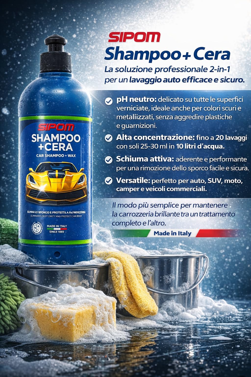 SIPOM Shampoo Auto Professionale con Cera Carnauba pH Neutro 500 ml