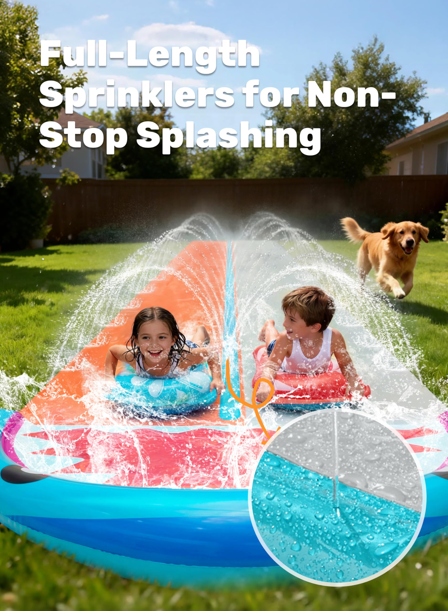 Sloosh 22,5ft Wasserrutsche mit 2 aufblasbaren Boards, doppelte Rasen-Wasserrutsche mit Sprinklern, Sommerspielzeug für Kinder und Erwachsene