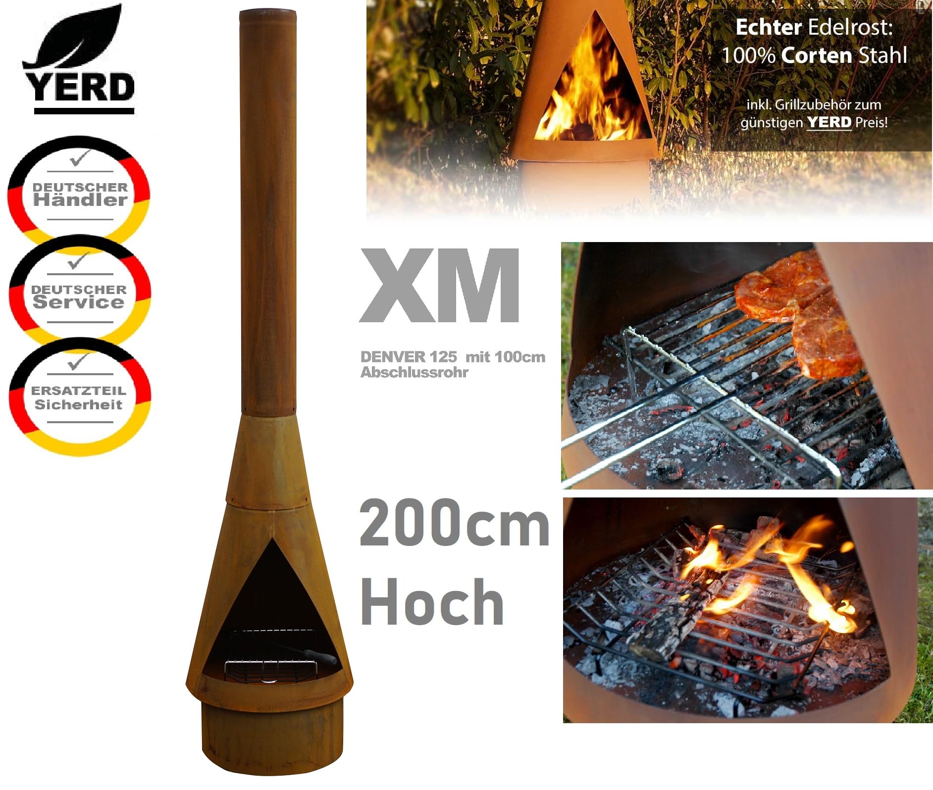 Yerd Gartenkamin Denver XXM 2 Meter 200 cm aus Corten-Stahl inkl. Grill-Rost Set mit Verlängerung