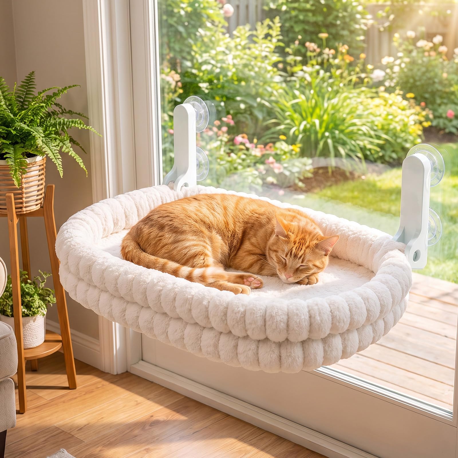 Cat Window Hammock, 55X40CM Soft Foldable Cat Window Bed with Sturdy Steel Frame and 4 Powerful Suction Cups Removable Machine Washable Pet Bed, Sturdy Up to 18kg, White