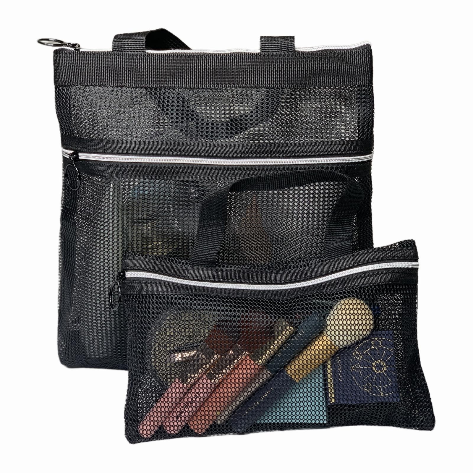 2PCS Mesh Shower Caddy Portable Toiletry Tote Storage Bag Travel Makeup Bag Mesh Zipper Pouch for for College Dorms Gym Swimming Beach Travel Sports Games (Black)