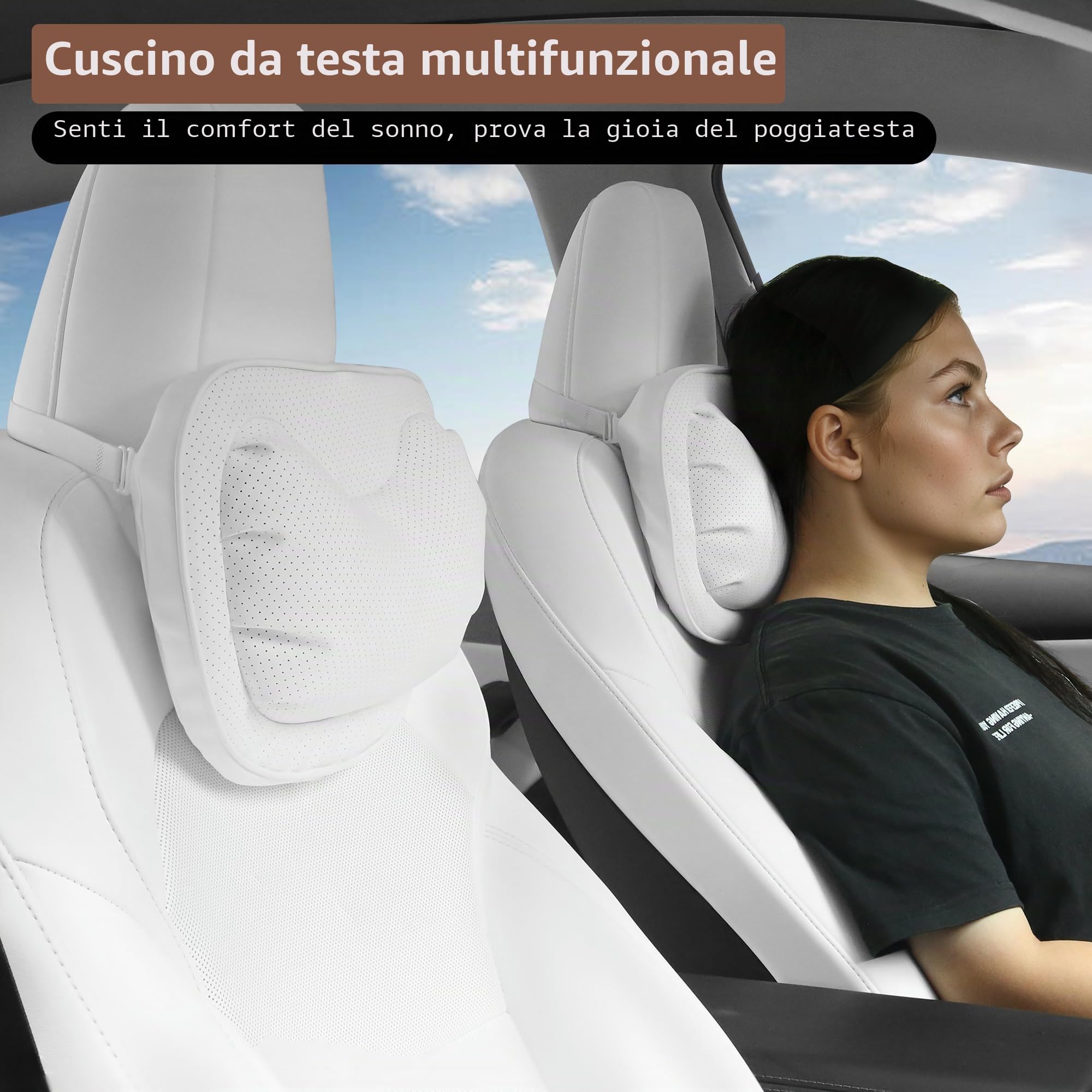 Poggiatesta Auto Cuscino, Supporto Ergonomico Cuscini Cervicale Collo Pillow Supporto Testa Seggiolino Auto per la Guida, Gioco, Ufficio Sedia, Bianco, 2 Confezione