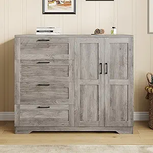 GarveeHome Multifunctional Wooden Dresser for Bedroom, 43.3'' H 2 Door Wardrobe Armoire Closet with 4 Drawers and Hanging Rod, Low Storage Cabinet for Hanging Cloth, Gray