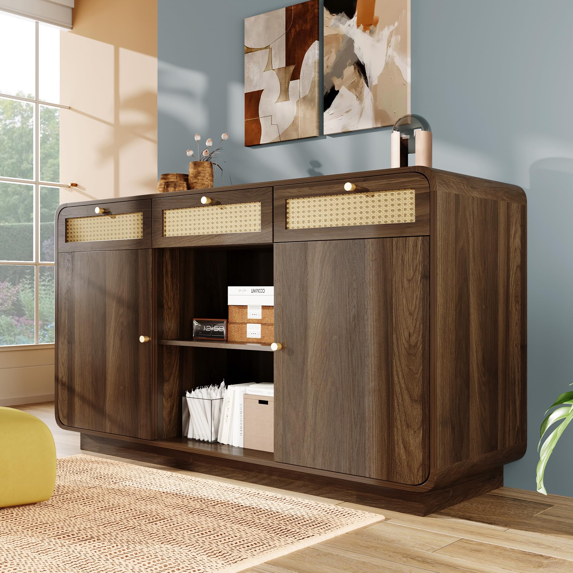 BTM Commode Sideboard 120cm Noyer, Armoire À Tiroirs avec Rotin & Poignées Dorées, 3 Tiroirs + 2 Armoires + Rangement Ouvert, Étagères Réglables, H85/B120/T40cm