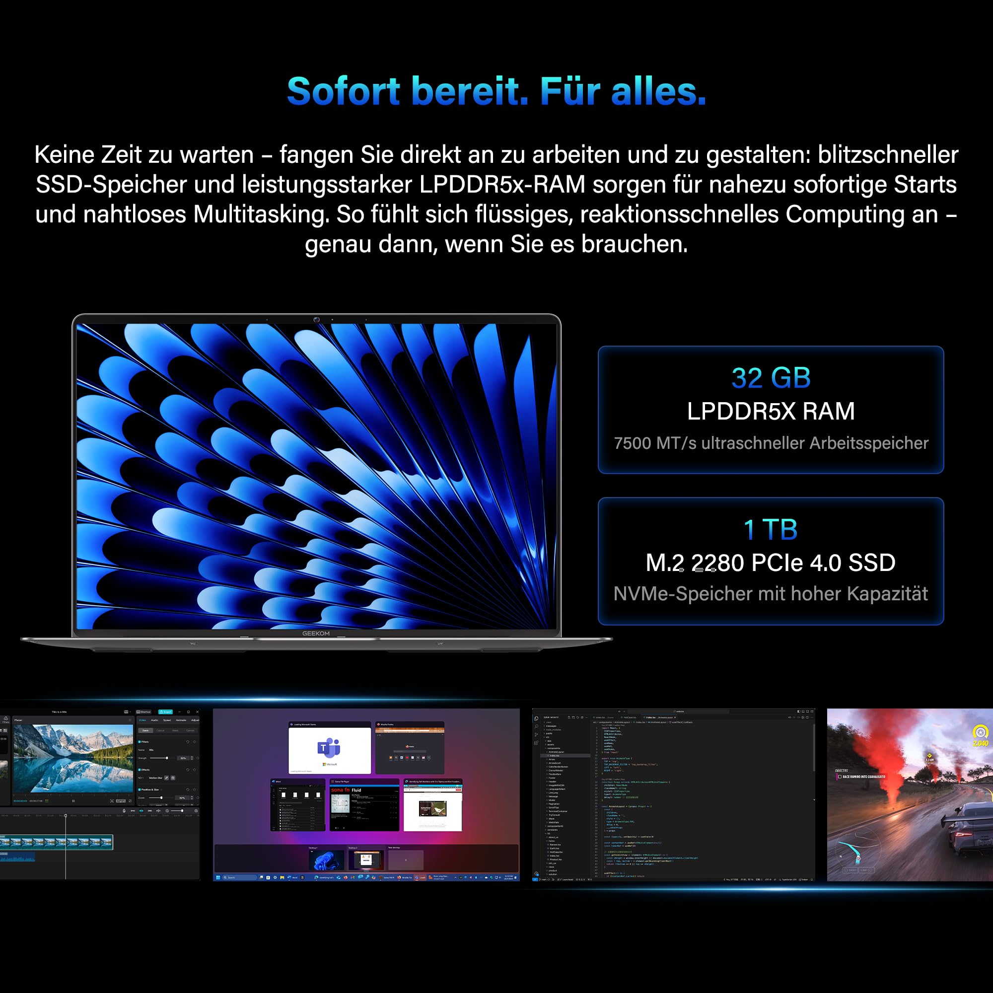 GEEKOM GeekBook X14 Pro Laptop, 999 g Ultraleicht, 14" 2.8K OLED, Ultra 9-185H, 32GB LPDDR5x RAM 7500MT/s, 1TB SSD, 2X USB4, Fingerprint & Webcam-Schieber, bis zu 16 h Akku, Copilot+, Windows 11 Pro