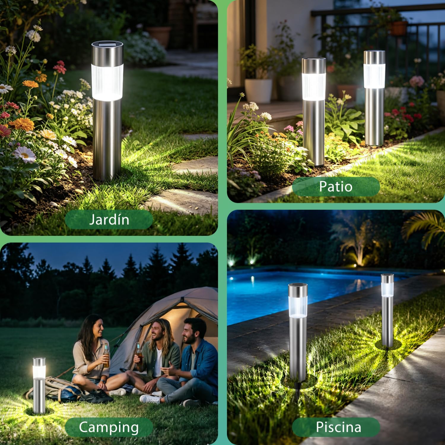 Aigostar 12Uds Luces Solares Jardin Pincho, Acero Inoxidable, IP44, Luz Fría 6500K, Luz Solar Exterior Jardin para Terraza Césped Patio Pasillo H31.5cm