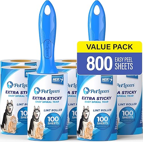 PetLovers Juego de 800 hojas de rodillo extra pegajoso para eliminación de pelusas de mascotas y gatos, paquete de 8 unidades