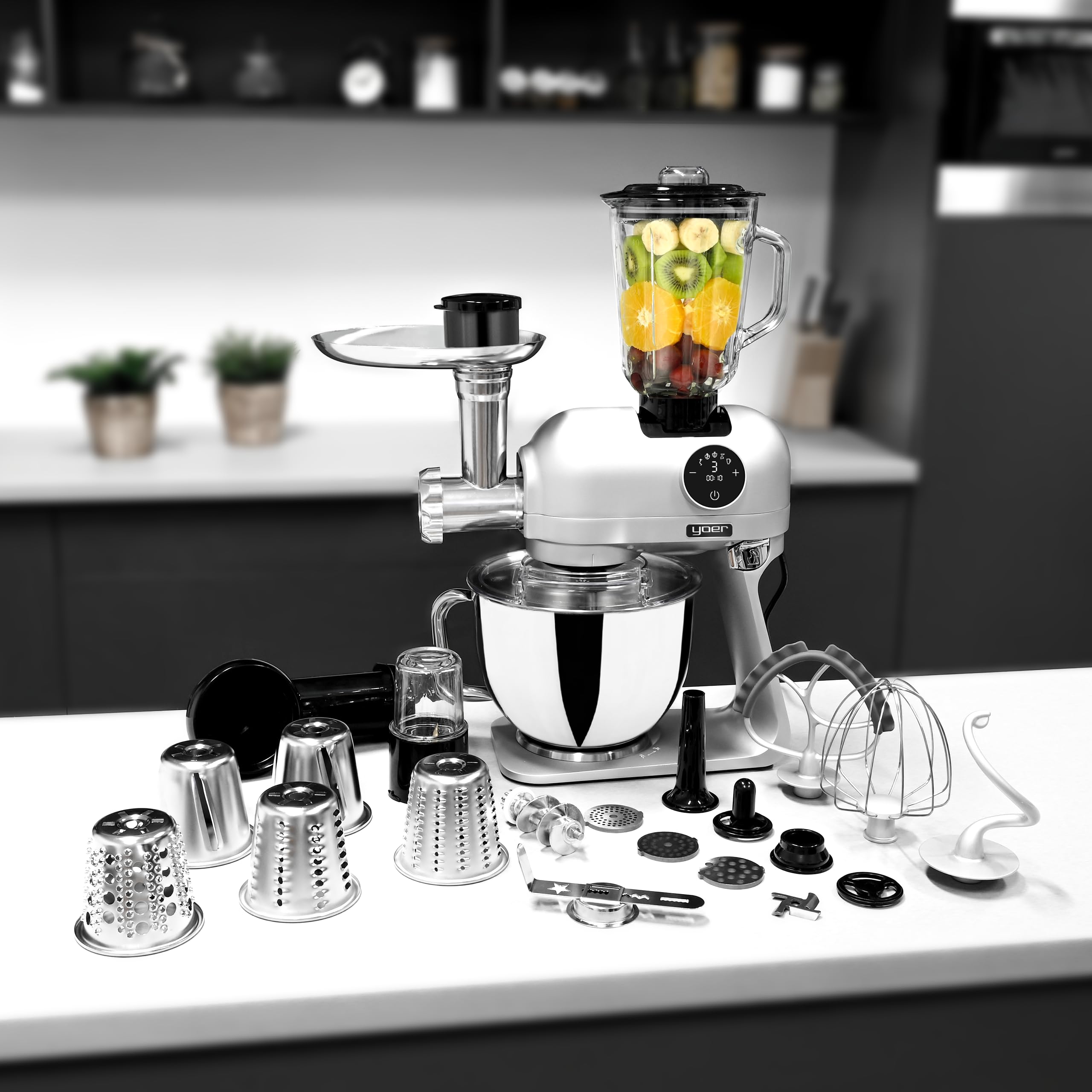 Yoer Astralo KM03S, Planetarny Robot Kuchenny 1200W, wielofunkcyjny, 39 elementów, mikser stojący, maszynka do mielenia, blender kielichowy, szatkownica, młynek, cicha praca, srebrny