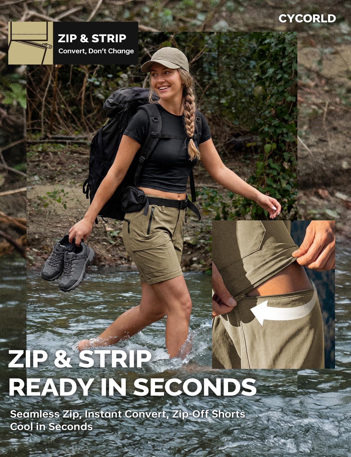 Cycorld Pantalones de senderismo para mujer, pantalones de trekking, transpirables, elásticos, pantalones de trekking desmontables, con cremallera, para verano, pantalones funcionale