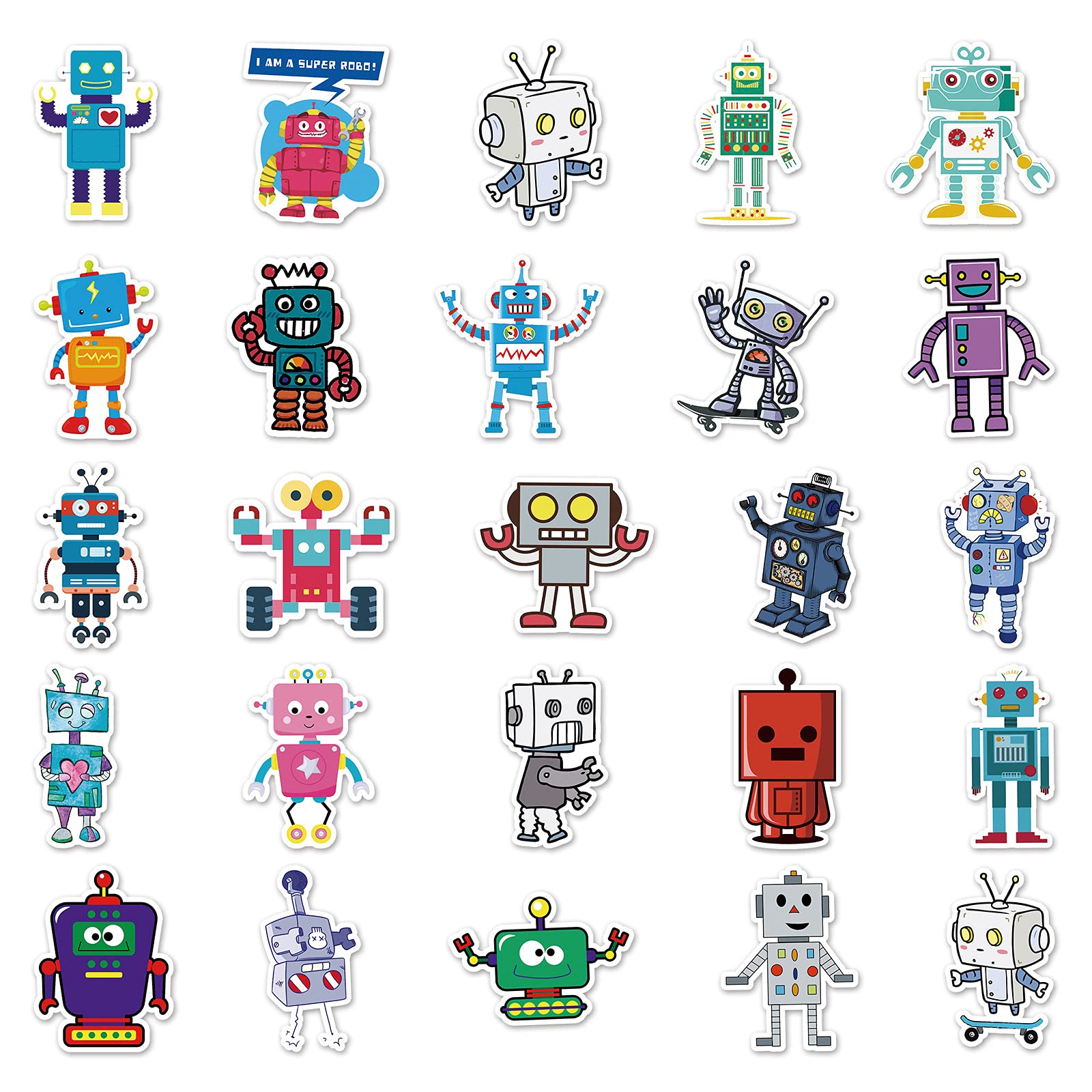 50 szt. naklejek z kreskówkowym robotem, zabawne wzory postaci robota, wysokiej jakości PCW, zdejmowane i wielokrotnego użytku, dla dzieci, miłośników robotów i dekoracji, 50 szt. (roboty)