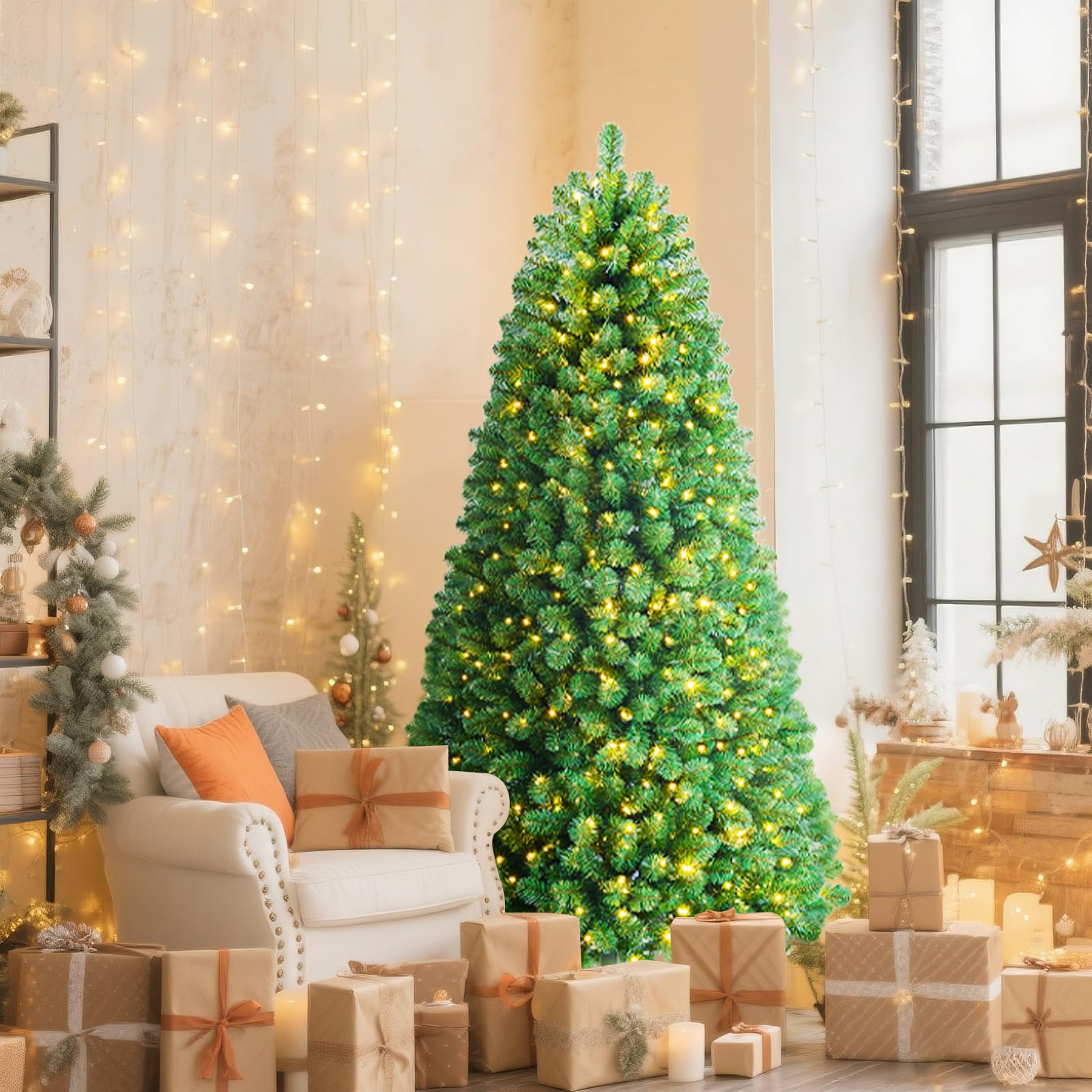 SHareconn 210 cm Arbol de Navidad Artificial con Luces Led, con 1062 PVC Puntas de Rama, con 400 Luces Blancas Cálidas & Multicolores y 12 Modos de luz, Soporte de Metal Plegable, Montaje Rápido
