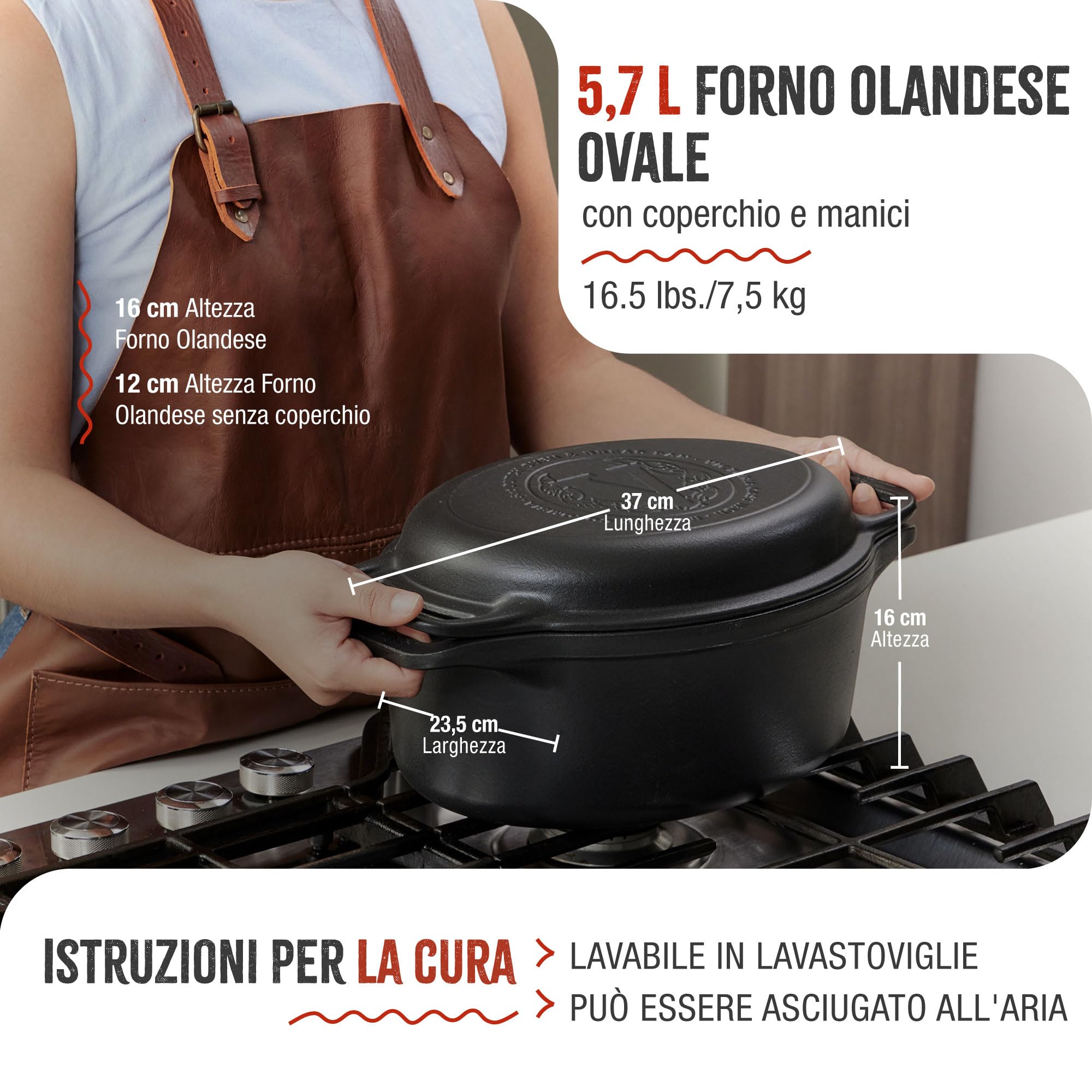 Victoria Forno Olandese, Pentola et Padella Induzione Ghisa Smaltata 31 cm Ovale, Cocotte 5,7L, Senza PTFE né PFOA, Adatta per Fuoco, Barbecue, Forno, Vetroceramica, Gas