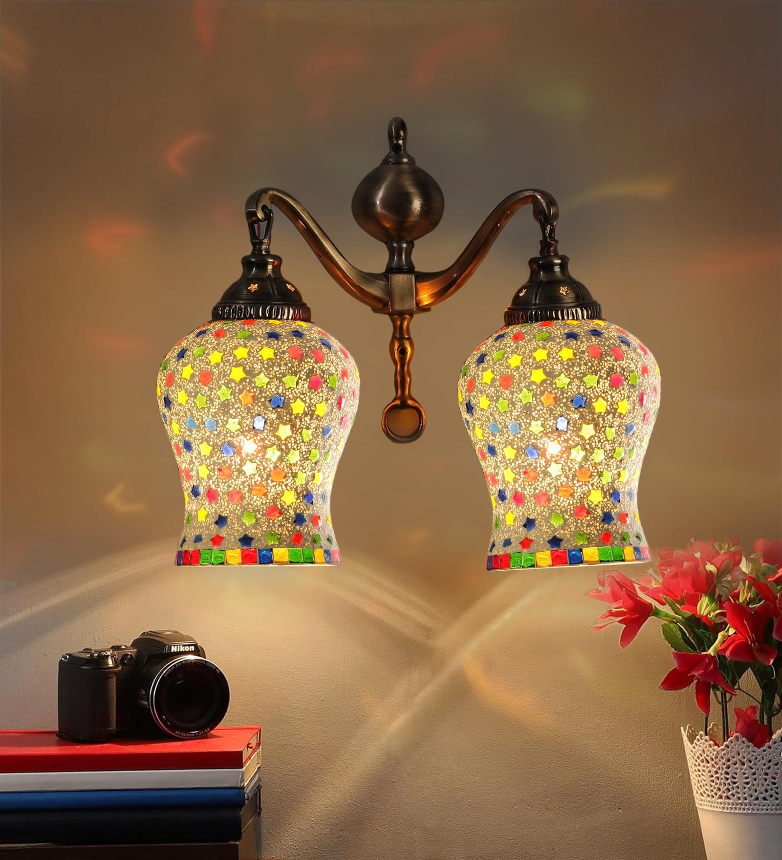 Devansh Dual Golden Antique Wall lamp with Mosaic Glass Wall décor Wall Hanging Light Vintage Wall Lamps Decorative lamp Traditional Wall lamp-R-image-0