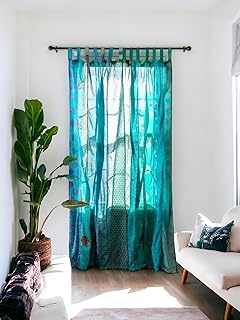 Home Decorative Silk Sari Curtains Unique Patchwork Design Light Filteri...