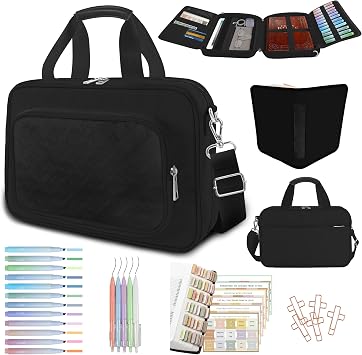Bible Cover Case for Men Women with Highlighters Tabs Pens Cross Clips Large Church Bag with Zippered Pocket and Handle, Bible Study Supplies Bible Journaling Kit Book Carrying Case Black