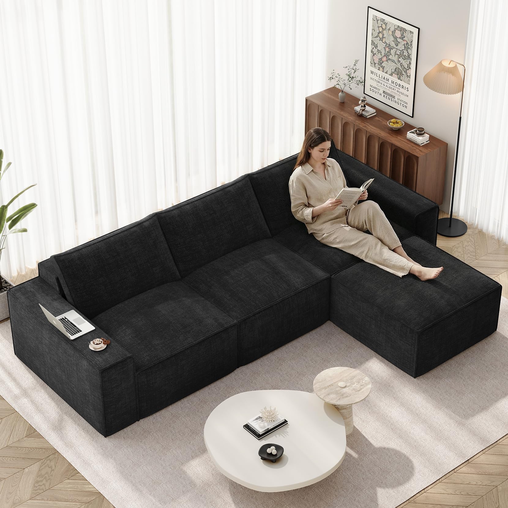 Vesgantti 114" L Shaped Boneless Couch, Deep Seat Sectional Sofa, Black | Oversized 3 Seater Modular Couch with Ottoman, Cloud Sofa for Living Room, No Assembly Required, Free Combination, Chenille