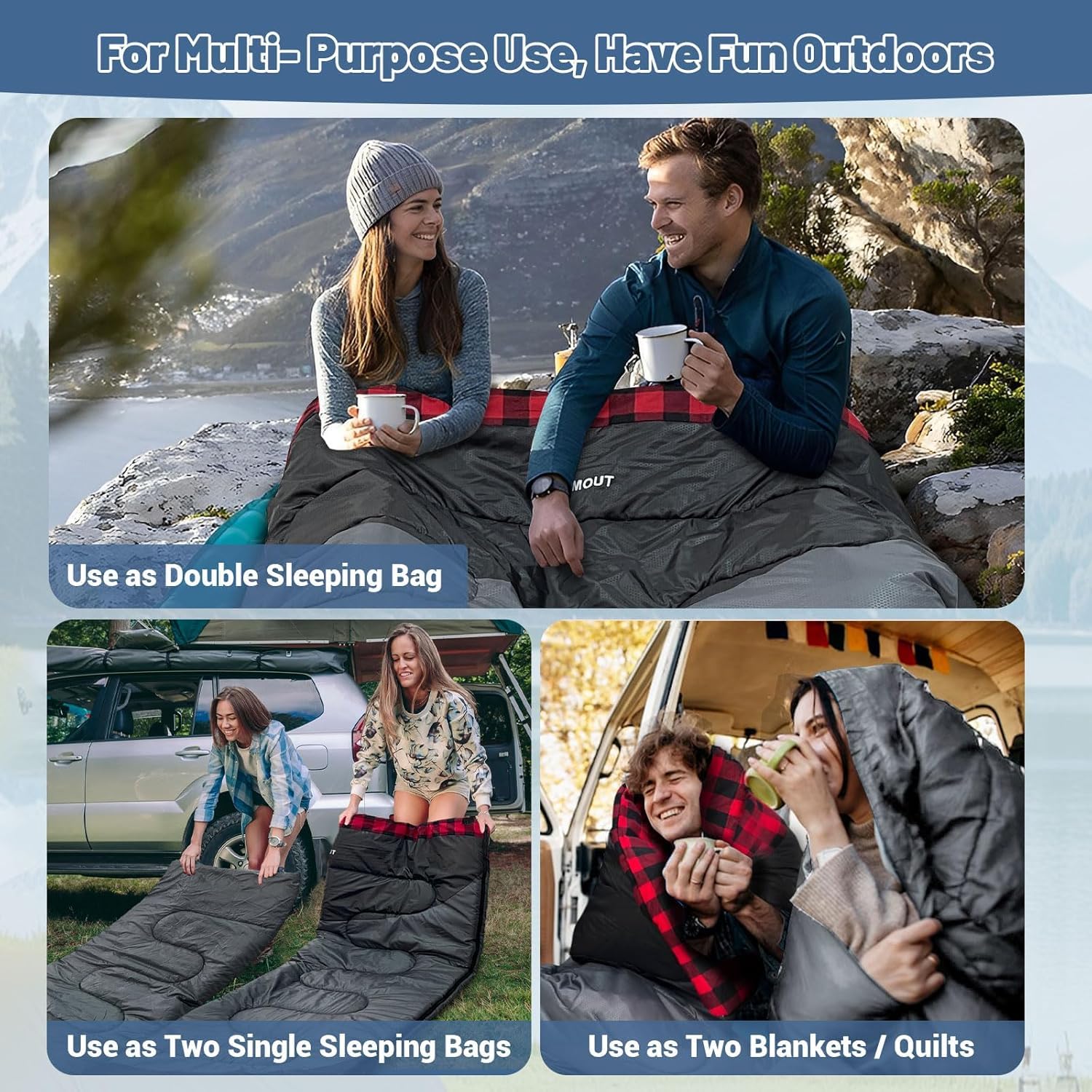 Dwuosobowy flanelowy śpiwór o powiększonym rozmiarze dla dwóch osób, z dwiema poduszkami, odpowiedni na kemping i wędrówki, wodoodporny i lekki, z torbą kompresyjną