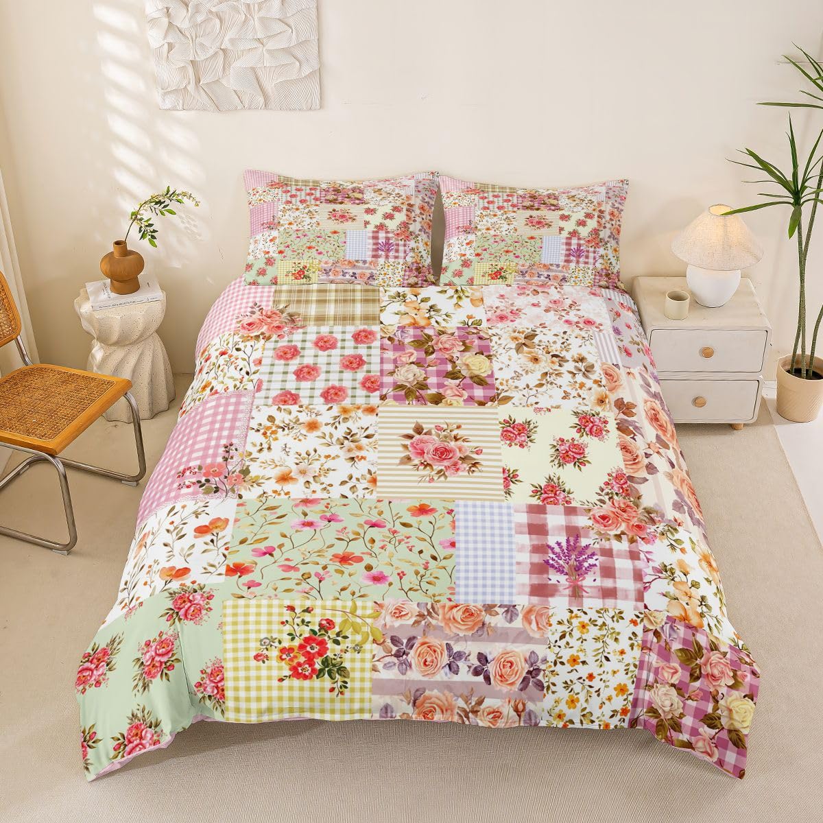 Homemissing Botanical Floral Printed Duvet Cover King Size Boys Girls Natural Theme Bedding Set Breathable Soft Garden Plants Design Comforter Cover 3Pcs Patchwork Gingham Bedroom Decor