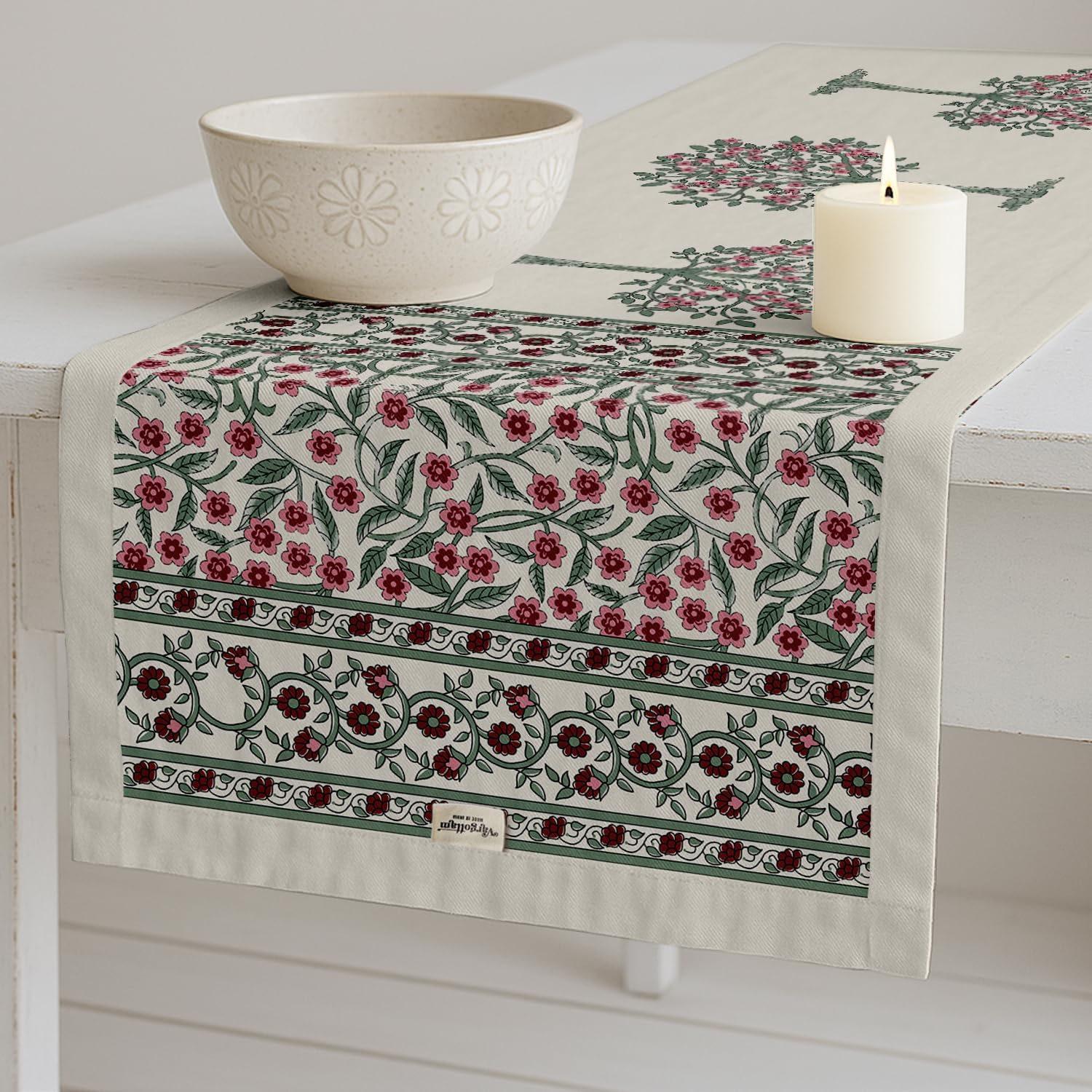 Leaves Design Cotton Table Runner by Vargottam - Double Layer with Border - Washable Runner - Decorative Table Linen for Dining & Everyday Use