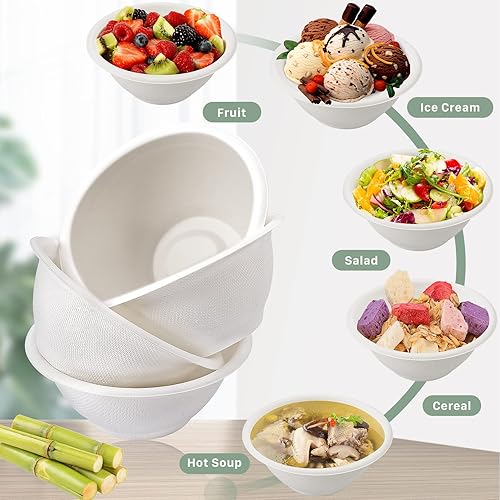 Miniatura 7 de Paquete de 100 cuencos de papel desechables de 8 onzas, cuencos de bagazo natural ecológicos, resistentes, 100% compostables, biodegradables para