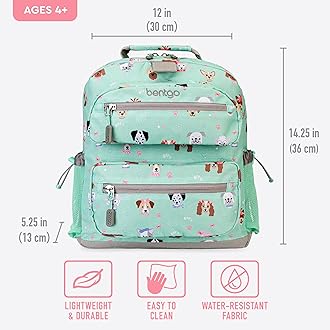 Bentgo Kids Backpack - Lightweight 14” Backpack in Fun Prints for School, Travel, & Daycare, Ideal for Ages 4+, Roomy Interior, Durable & Water-Resistant Fabric, & Loop for Lunch Bag (Puppy Love)