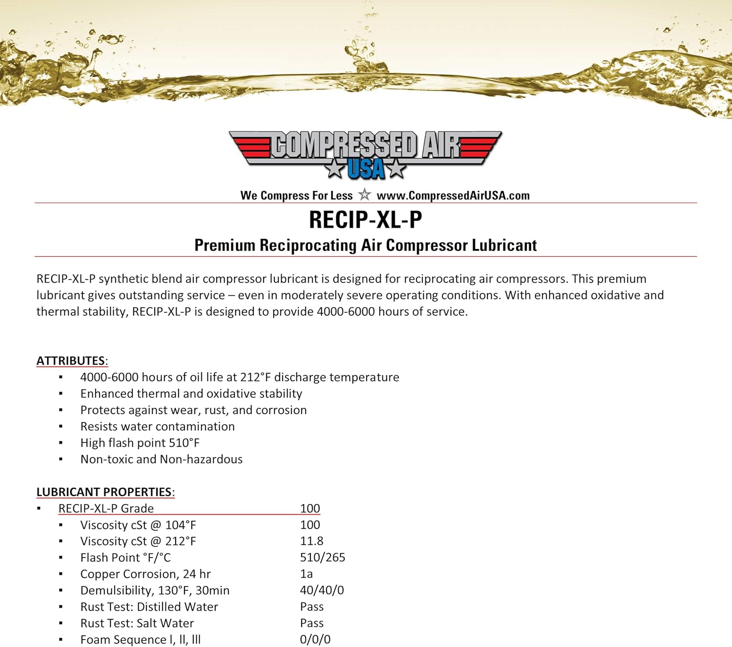 Premium 6000 Hour Reciprocating Air Compressor Lubricating Oil - CompressedAirUSA - XL - Extended Life Oils (1 Gallon)