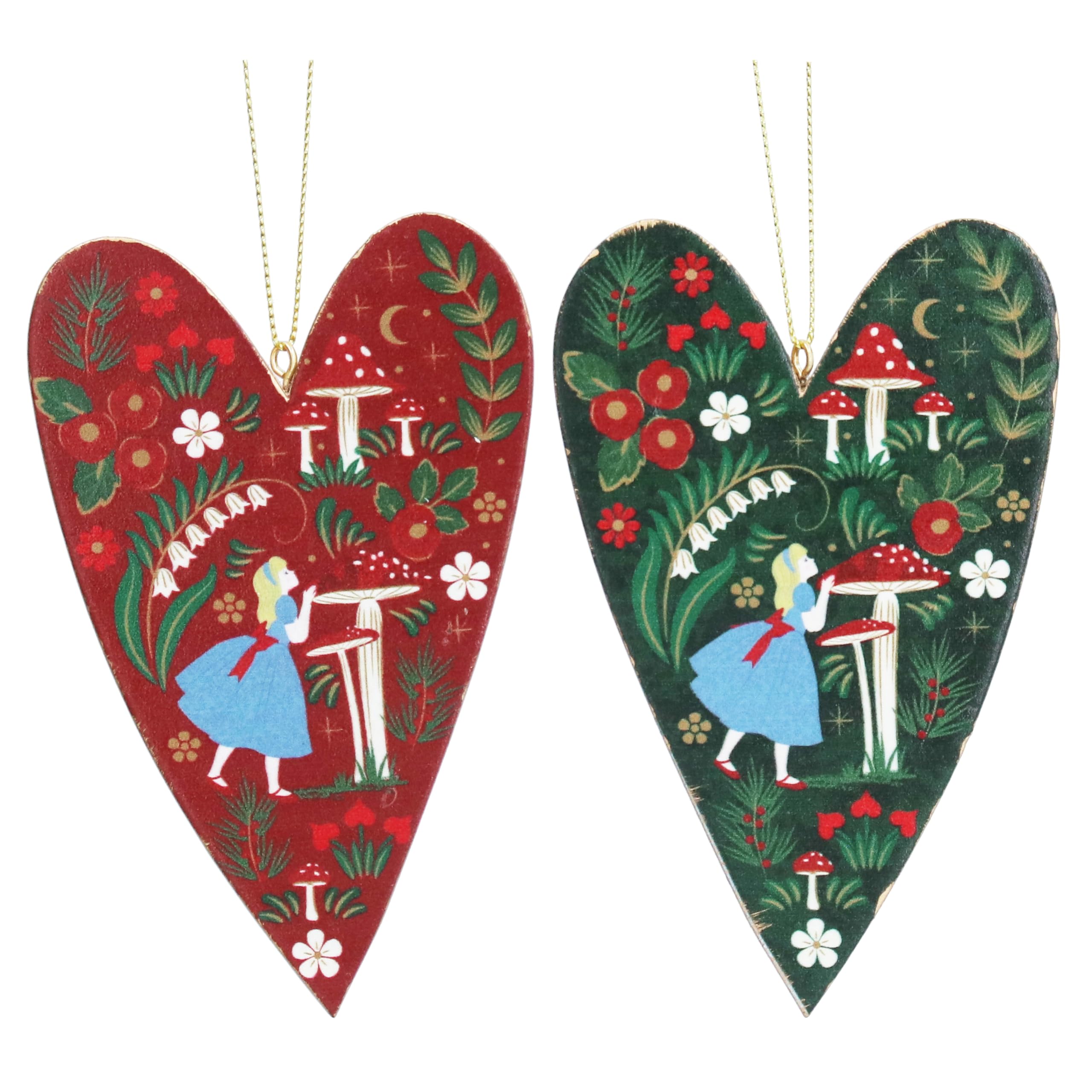 Gisela Graham Alice Wonderland Toadstool Heart Christmas Tree Decorations  x 2