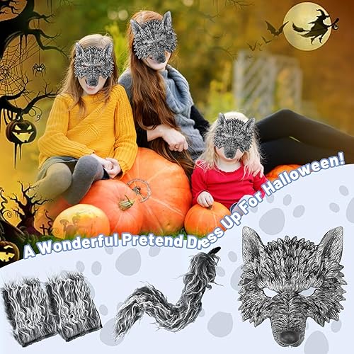 Miniatura 7 de Máscara de lobo con cola y guantes, disfraz de hombre lobo para hombres, mujeres y niños, disfraz de fiesta de Halloween, cosplay