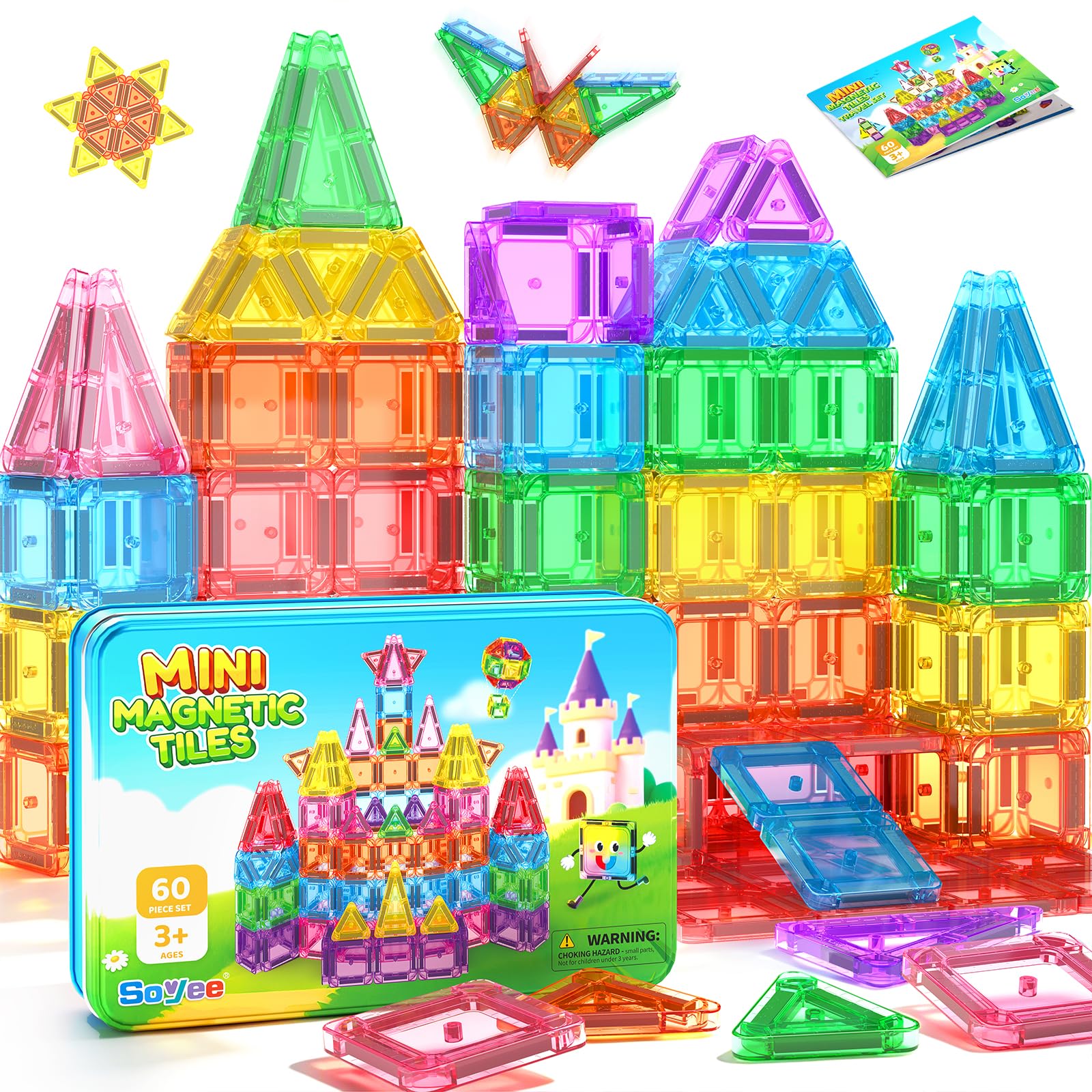 Mini Magnetische Bausteine Reiseset 60PCS mit Metallbox, STEM Lernspielzeug | Tragbares Reisespielzeug ab 3 Jahren für Kinder, STEM Bauspielzeug, Sensorik-Spielzeug, kompatibel mit Magnetbausteinen