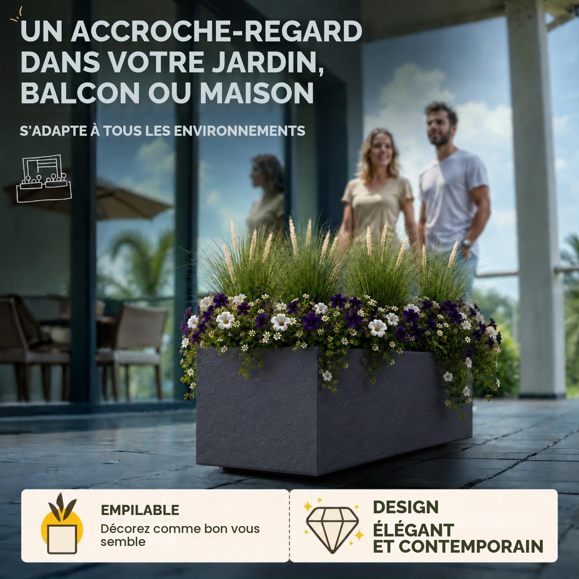 Ondis24 Vulcan - Pot de fleurs rectangulaire - Volume de 57 l - Jardinière avec réservoir d'eau - Pour balcon, terrasse - Anthracite