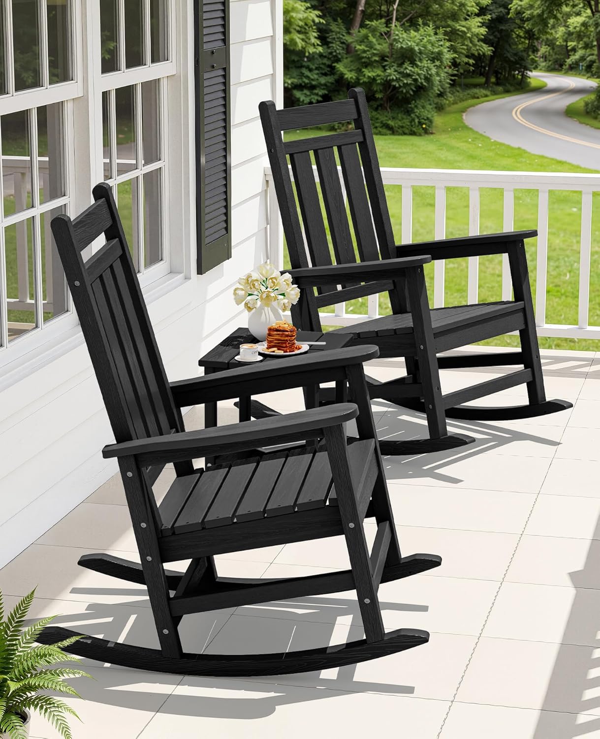 KINGYES Oversized Outdoor Rocking Chair Set of 2, All-Weather Patio Rocking Chairs for Porch, HDPE Outdoor Patio Rockers with High Back & Wide Seat for Garden, Lawn, Black