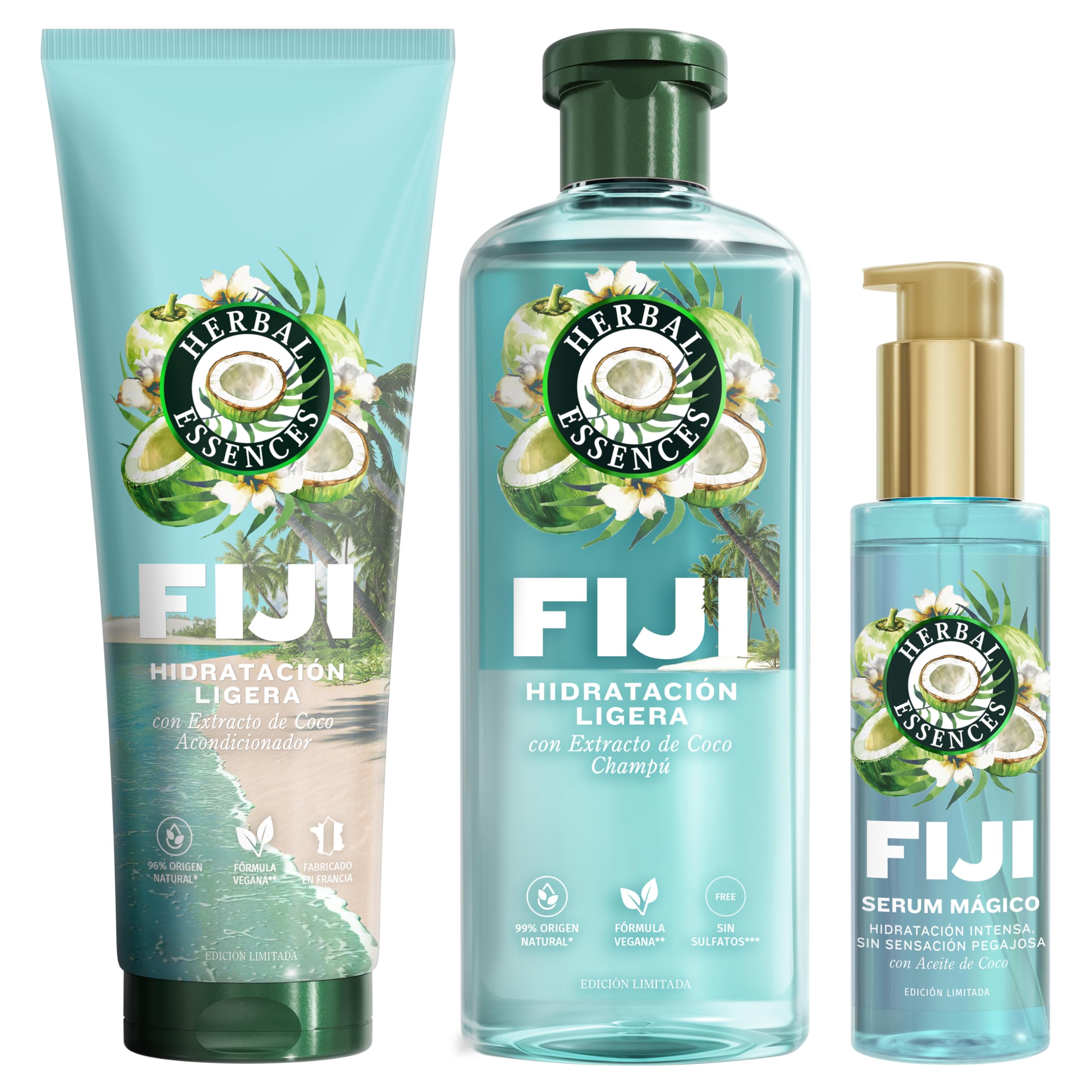 Herbal Essences Fiji Champú 350ml, Acondicionador 250ml Y Sérum Mágico Sin Aclarado 95ml De Hidratación Ligera. Con Extracto De Coco. Para Un Cabello Suave Y Sedoso en oferta en Amazon