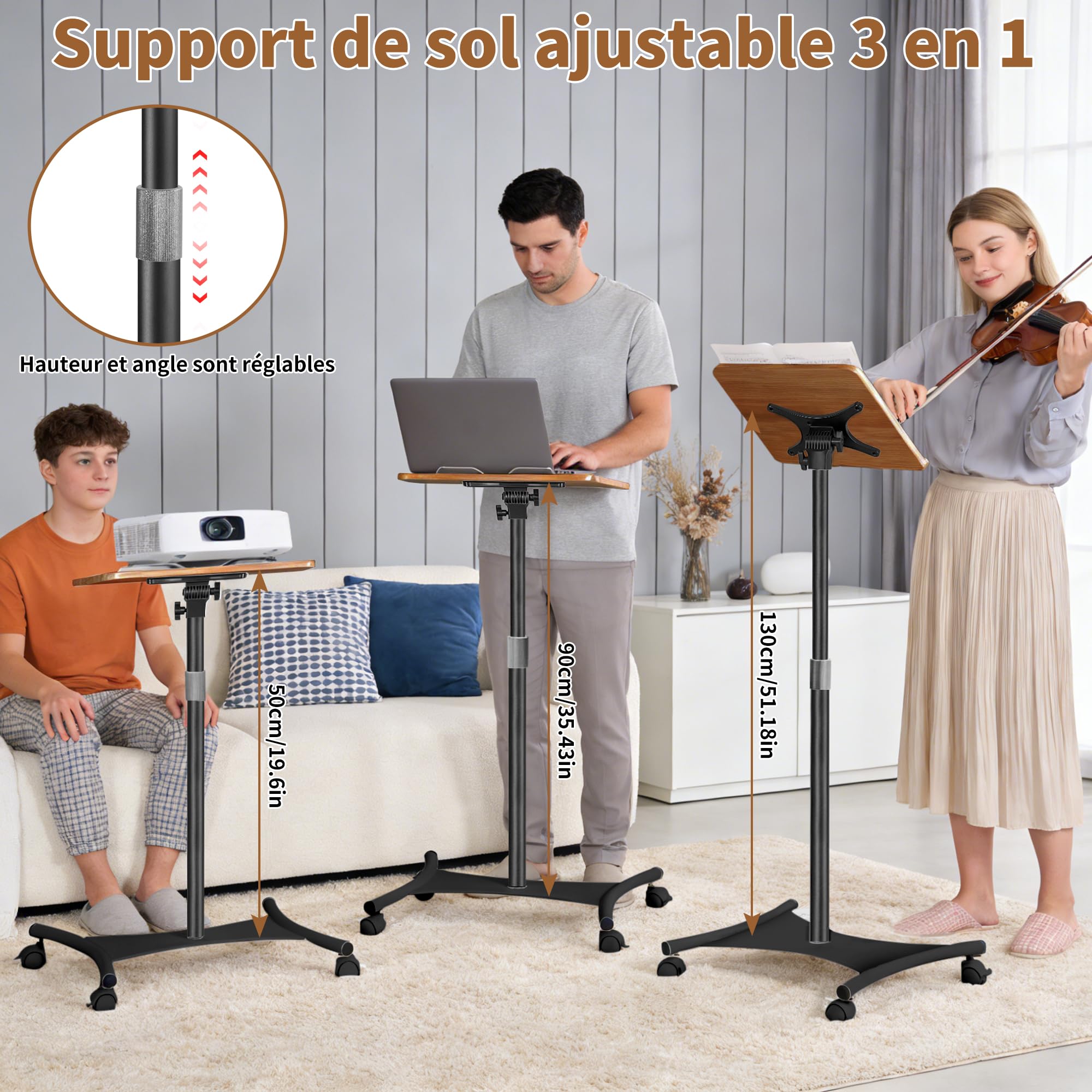 Support de Livre Réglable en Hauteur de 50 à 130CM pour Sol et Bureau, Support de Livre pour Lecture, Ordinateur Portable, Tablette, Recettes, Partitions (Noir)