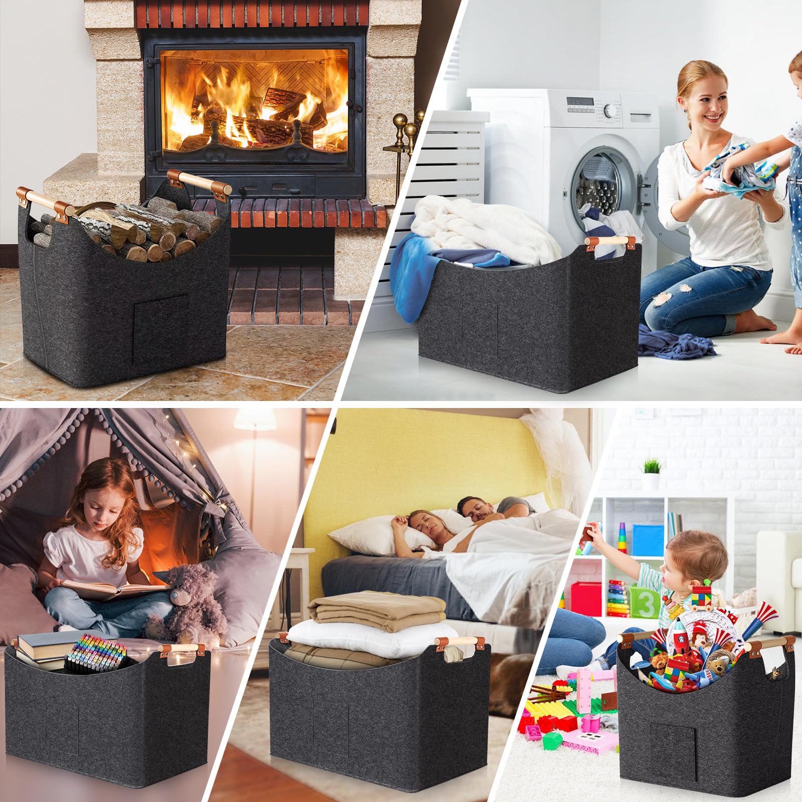 Cesta para Leña 2 Unidades 67L & 96L – Cestas de Fieltro con Asas, 50×32×40 cm & 60×40×40 cm, Bolsa Plegable para Chimenea, Madera, Juguetes o Mantas