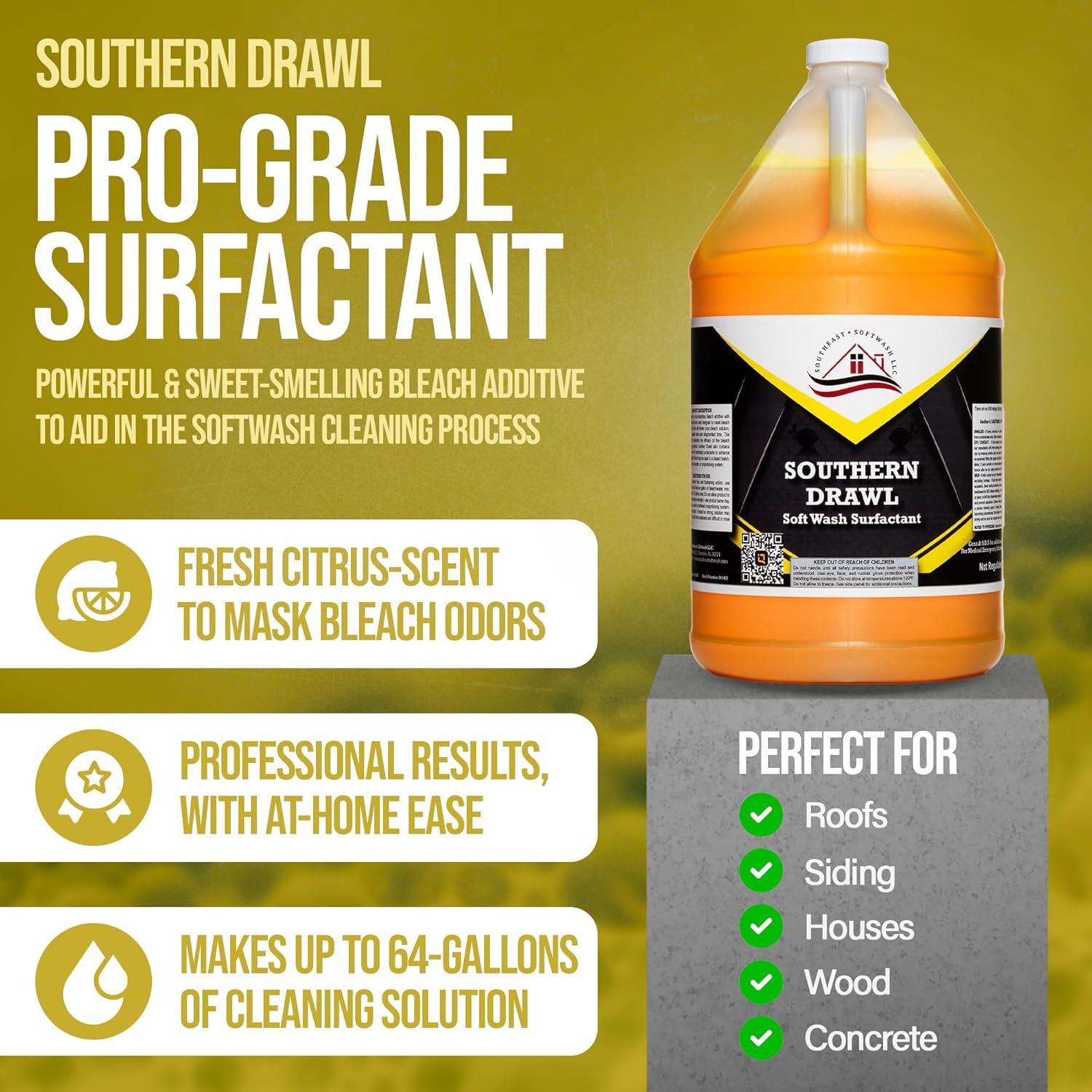 Southeast Softwash Southern Drawl - Professional Exterior House Cleaner, Siding Cleaner & Roof Wash Surfactant for Pressure Washing & Soft Wash Applications | Clean Citrus Scent, 1 Gallon (1 Pack)