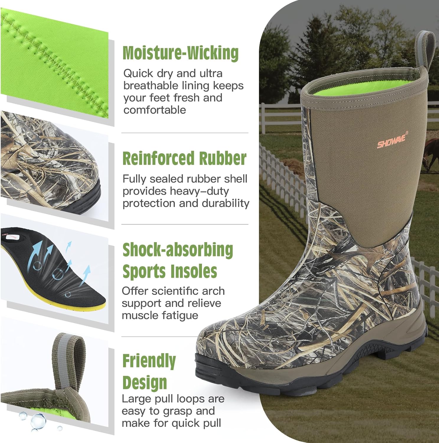 Showave Men's Rubber Boots Durable Waterproof Insulated Rain Boot Neoprene Heavy-duty Mud Outdoor Garden Working Hunting Boots - Image 4